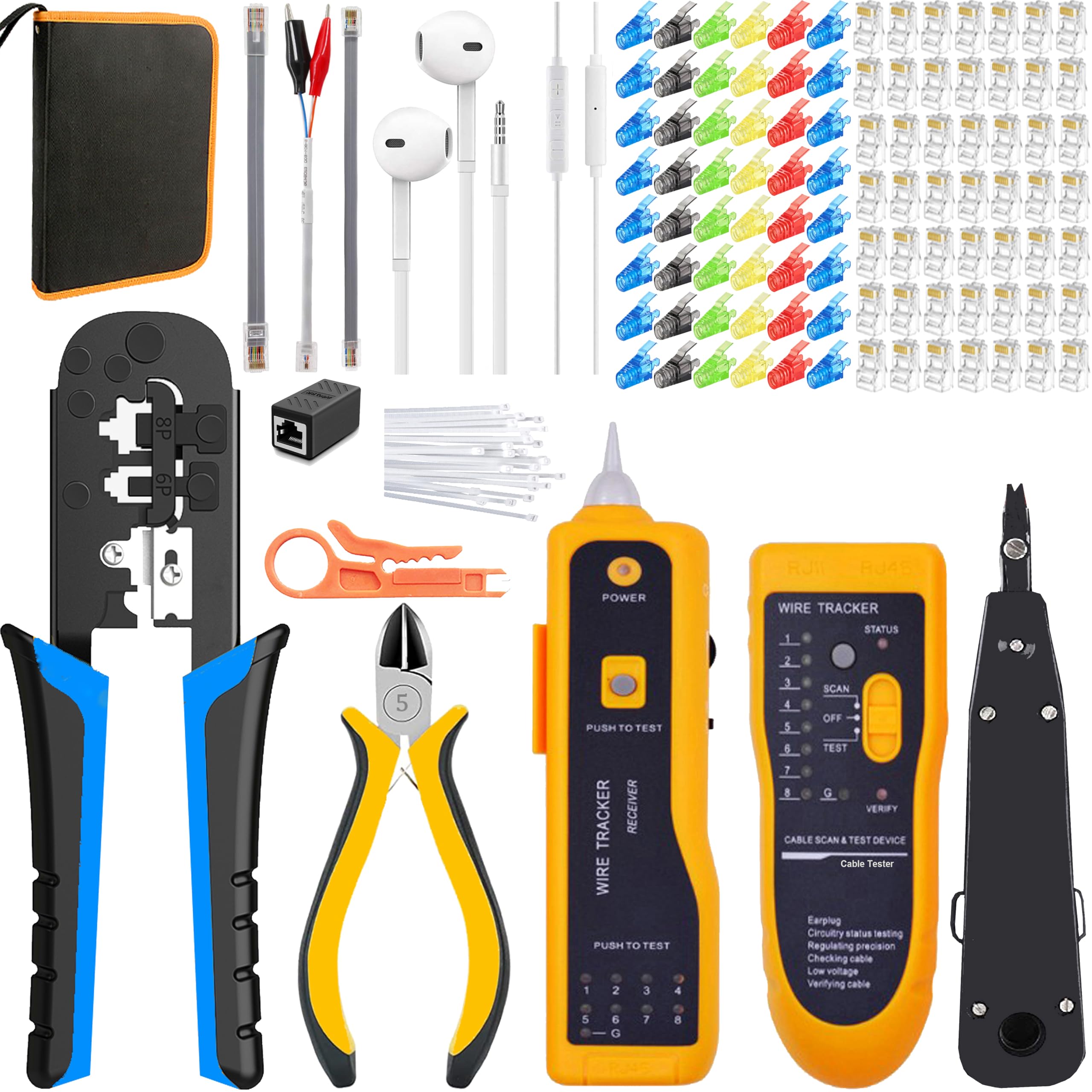 TAIWAIN Outil de réparation de réseau Cat6 Cat5 RJ45 Kit de sertissage professionnel Entretien de câble LAN Testeur de câble à sertir Coupe-fils avec 50 connecteurs et 50 couvercles (bleu)