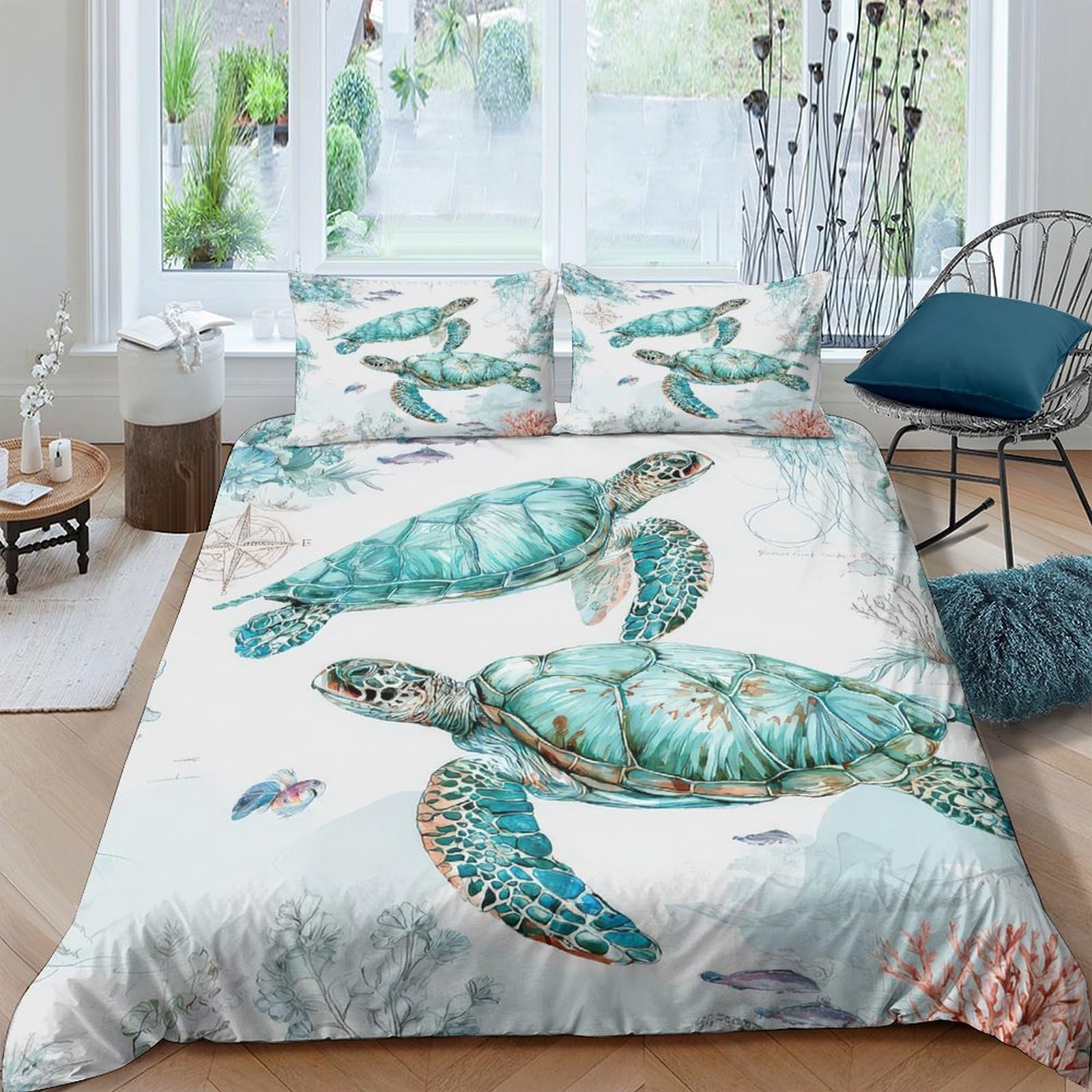 Ctjqhvkz Style-8 3D Printed Sea Turtle Fitted Sheet Microfiber Soft Breathable Ocean Coral Mattress Cover For Bedroom Guest Room Decor Single（135X200cm）