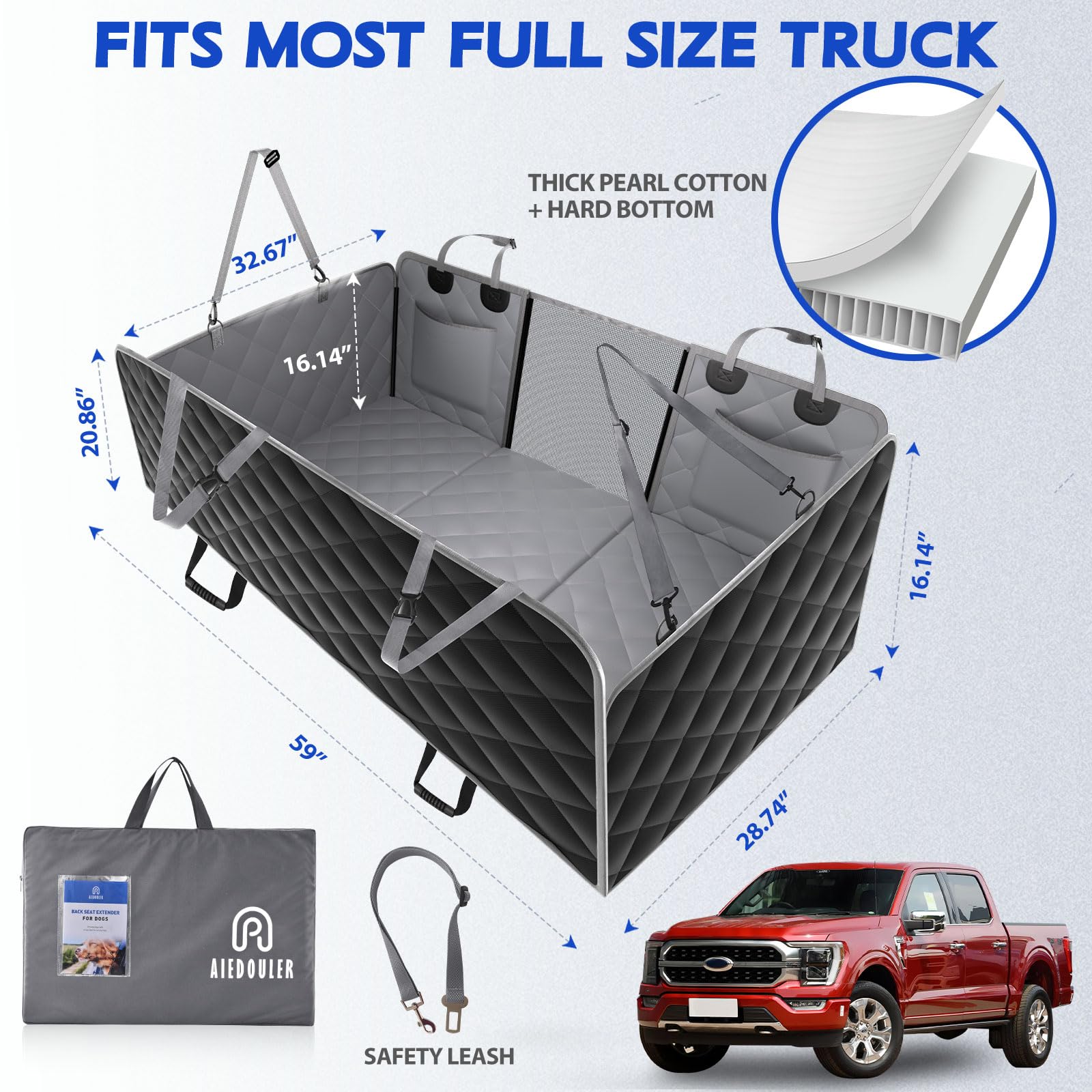 Coprisedile posteriore per cani da camion, amaca per cani con fondo rigido per auto, impermeabile XL e morbido letto da viaggio per animali domestici, supporta 181,4 kg, protezione