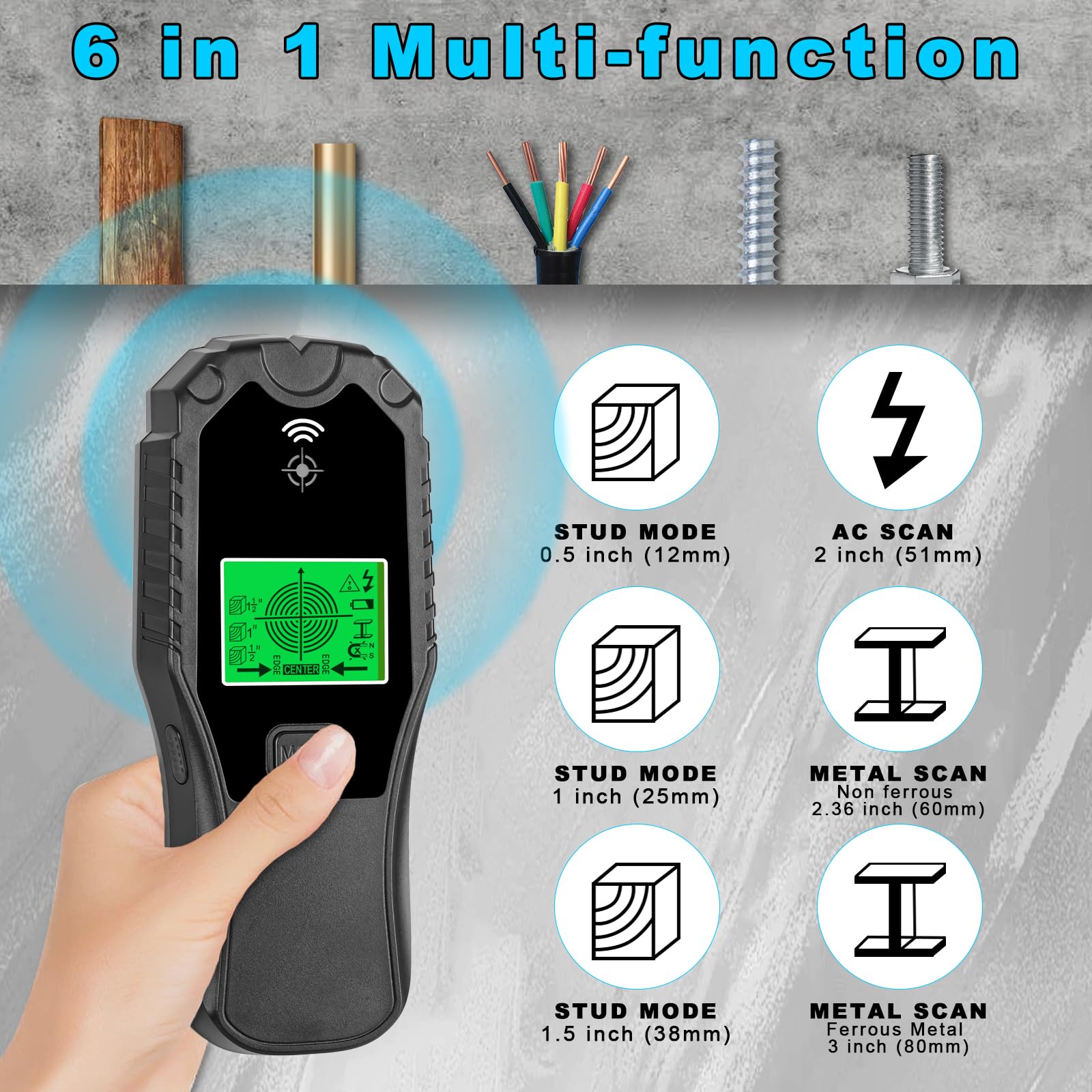 Rilevatore Tubi e Cavi Elettrici, Rilevatore Metalli Muro, Scanner da Parete, Rilevatore Cavi Elettrici e Tubi Nel Muro con Display LCD e Indicazione Vocale per Tensione AC, Metallo, Legno