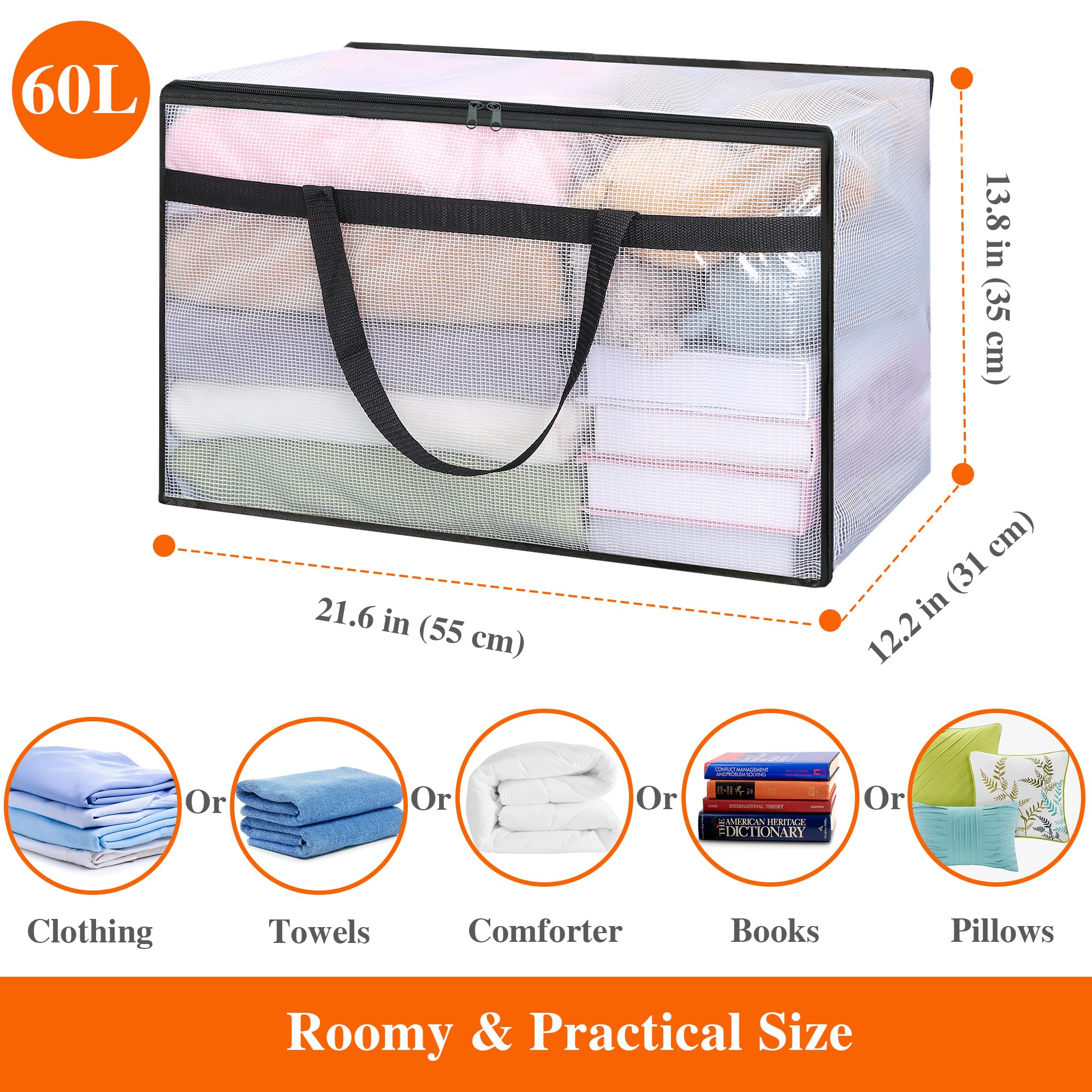 Vieshful Set di 3 Borse Trasparenti da 60L con Cerniera e Manici – Contenitori in Plastica per Vestiti, Coperte, Trapunte, Piumoni, Abiti Bambino, Biancheria e Articoli per il Trasloco