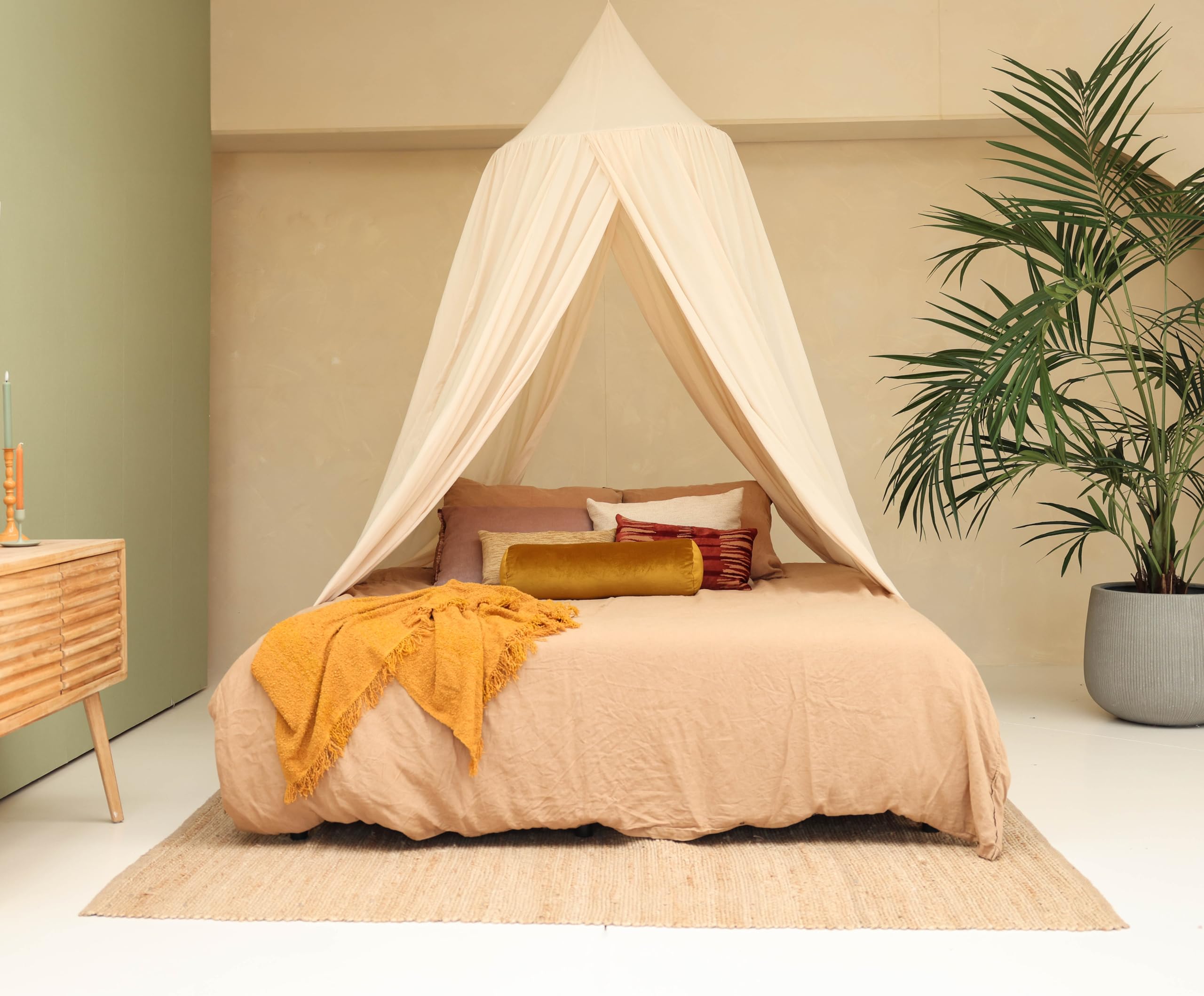 Cremebeiger Betthimmel für Doppelbett | Runder Moskitonetz Größen | Baldachin Bett für Teenagern & Erwachsenen | Himmelbett für Schlafzimmer