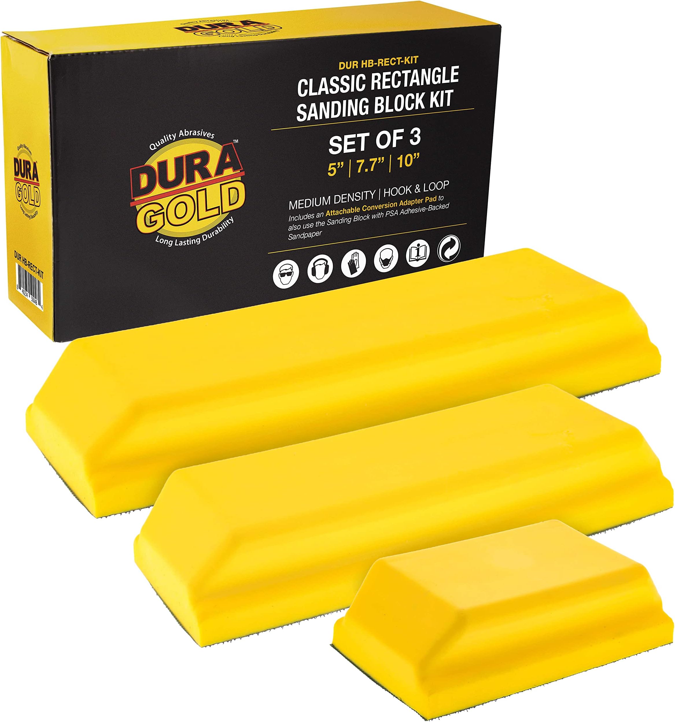 Dura-Gold Pro Series Classic Rectangle Hand Sanding Block Kit with 3 Blocks, 5", 7-3/4" and 10" Set, Hook & Loop Backing and PSA Sandpaper Conversion Adapter Pad - Auto Paint Prep Sand Woodworking