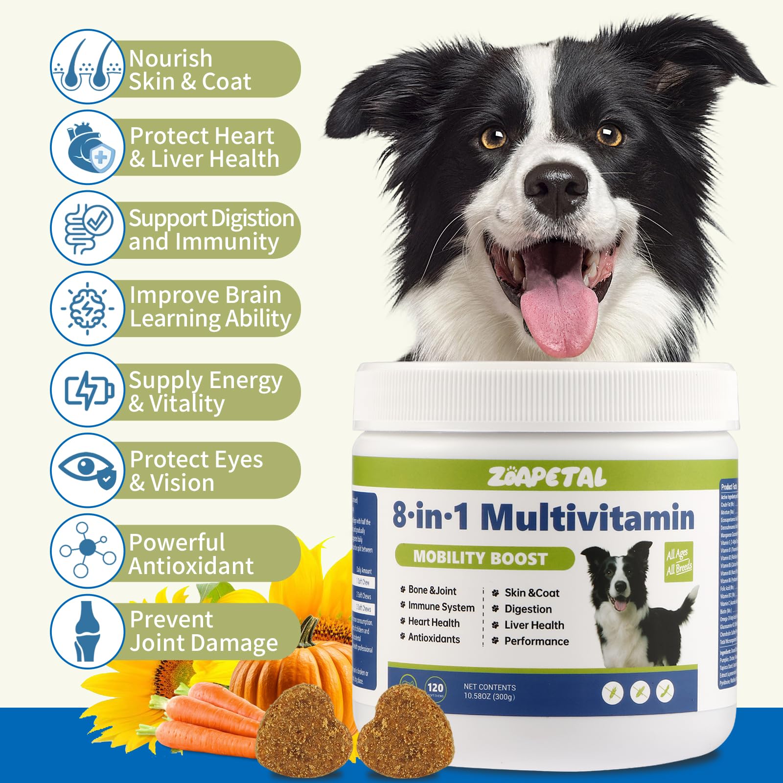 Dog Multivitamin Soft Chews – Glucosamine, Chondroitin, Probiotics & Omega-3 for Joint, Skin & Coat, Heart, Digestive & Immune Support – Chicken Flavor, 120 Soft Chews, ZOAPETAL - image 2