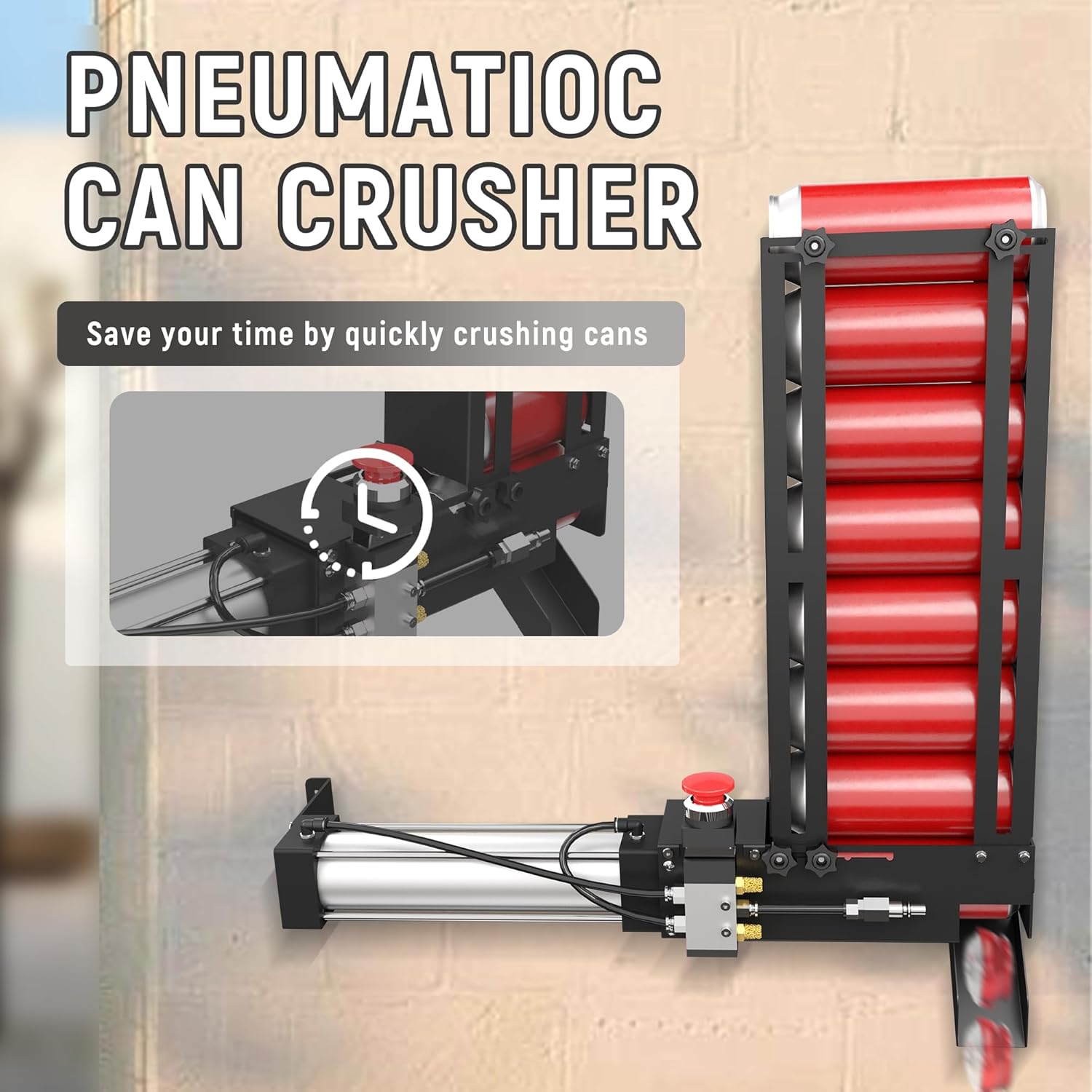 NEWPO Pneumatic Can Crusher with Hopper,Air Powered Can Crusher Heavy Duty for Recycling 12oz 16oz,Wall Mounted Soda Beer Smasher (Black)