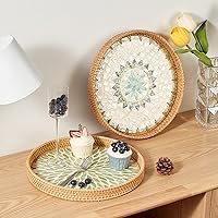 Vista 3 de Bandeja redonda de ratán con incrustaciones de madreperla, bandeja de ratán con base de madera, cesta decorativa de mimbre para decoración de mesa