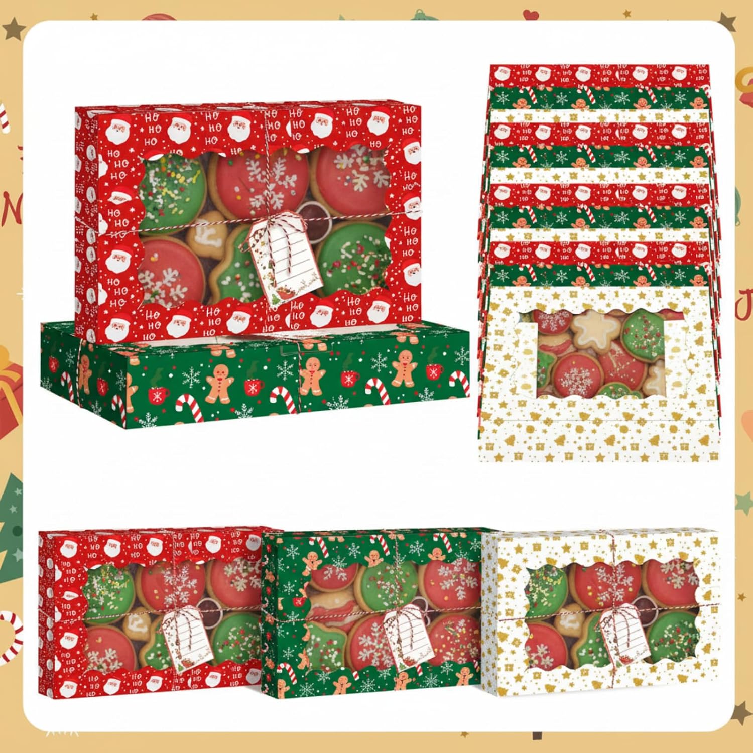 Ctosree 12 Pack Large Christmas Cookie Boxes 15 x 10 x 2.8 Inch Cookie Tins with Lids DIY Tag and Rope for Gift Giving Bakery Treat Box with Window Holiday Pastry Container Xmas Party Favor(Cute)