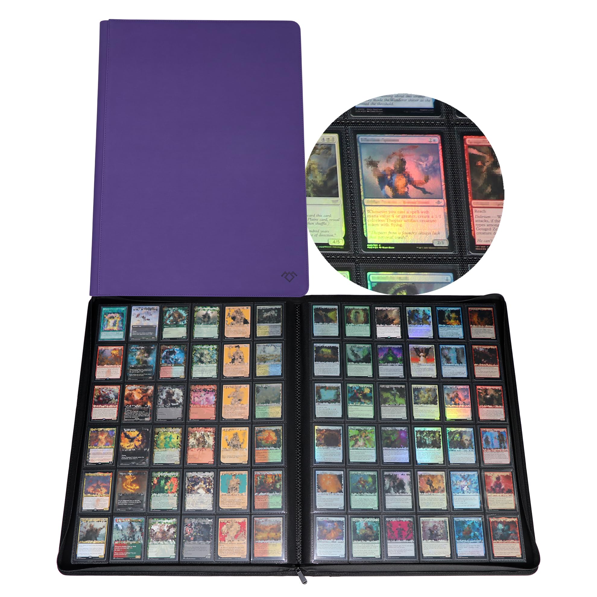 Grin Owl 36‑Pocket Ringless Trading Card Binder – Holds 2304 Cards, Side‑Loading Black Pages, Zipper Collection Album for TCG & Sports Cards (Purple)