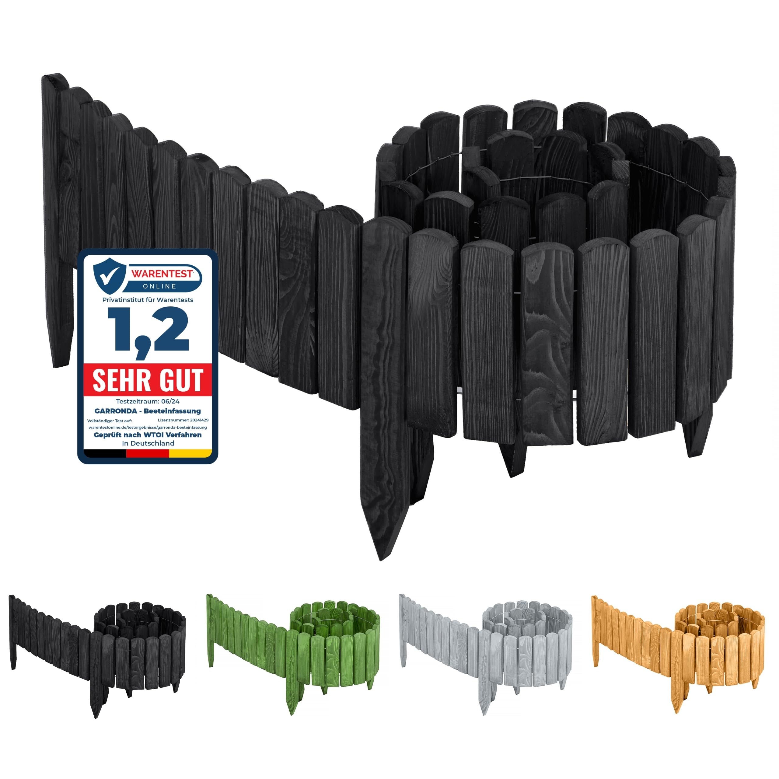 Garronda Rasenkante Beeteinfassung aus Holz flexibel 200 x 10 cm Rollborder für Rasen und Beet Beetumrandung und Beetbegrenzung Gartenzaun zum Stecken Holzzaun GD-0046 (Graphite)