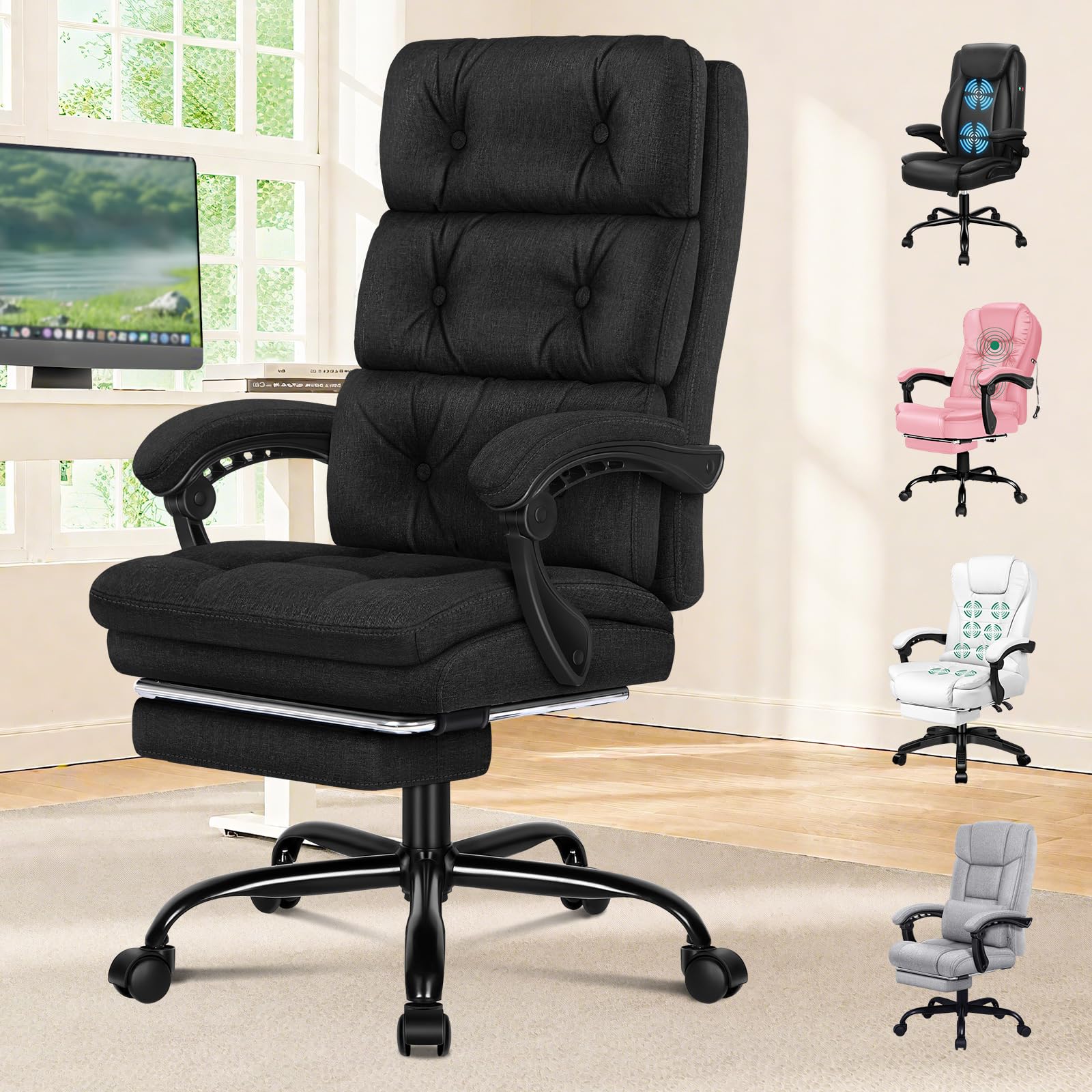 ELFORDSON Executive Office Chair with Dual Padded Cushion, Ergonomic Gaming Chairs with Footrest, High Back Heavy-duty Chair, 150° Recliner, Adjustable Height, Swivel, Linen, Black