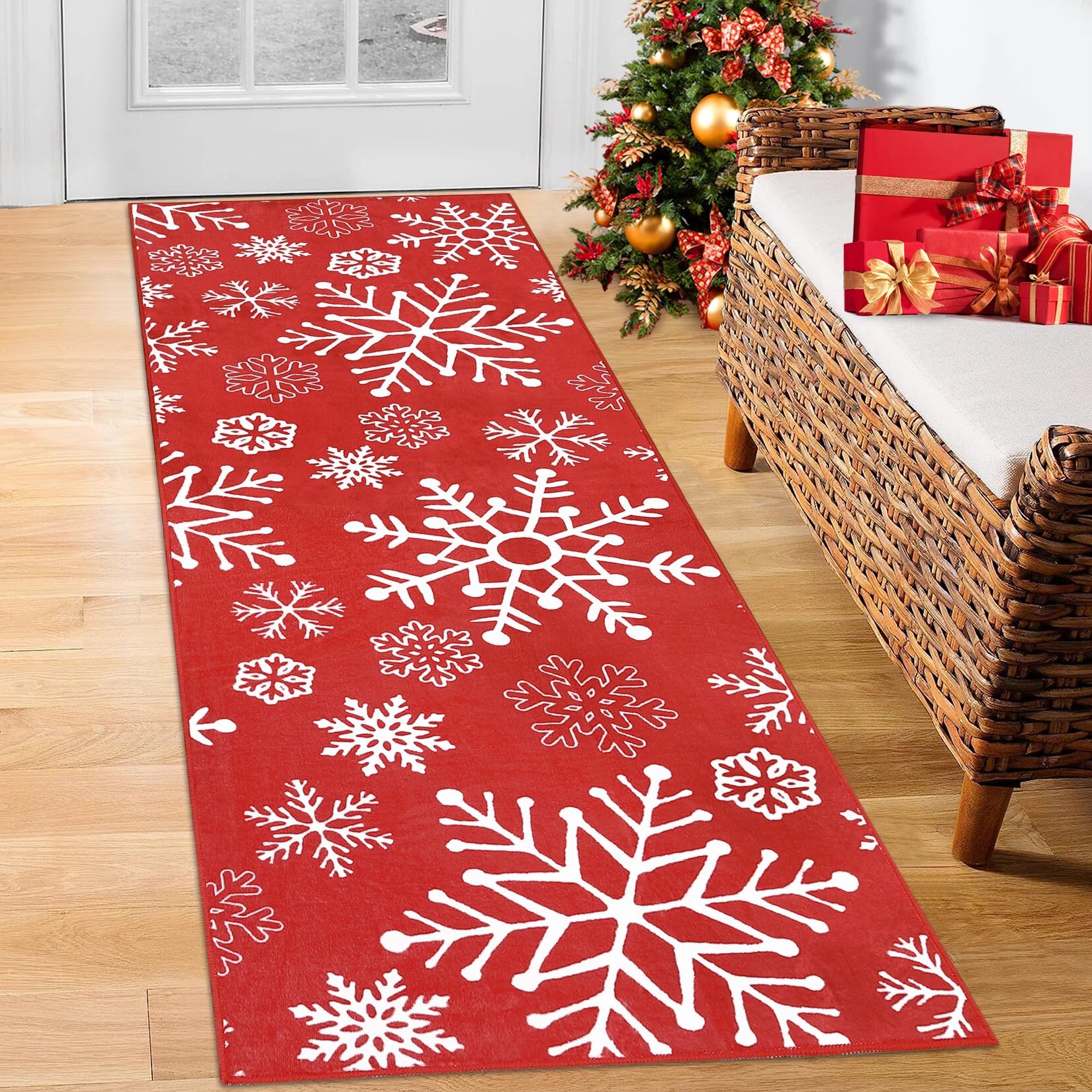FairyStyle Christmas Runner Rug 60x180 cm, Snowflake Hallway Rugs, Red