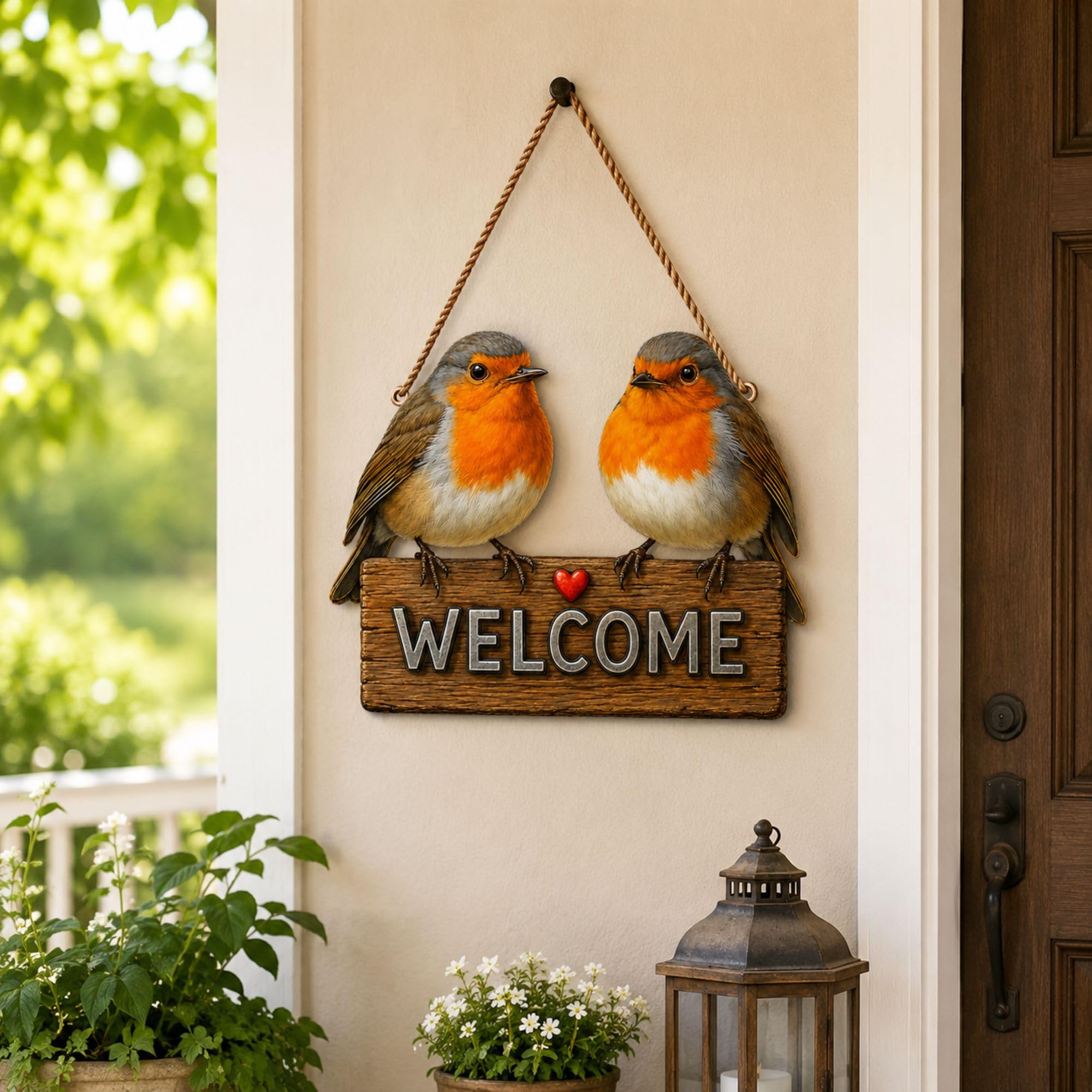 American Elm Cute Robin Birds Welcome Hanging Sign Printed Sunboard Wall Decoration for Front Door, Home Entrance, Balcony, Garden, Farmhouse, Living Room & Outdoor Welcome Décor-image-43