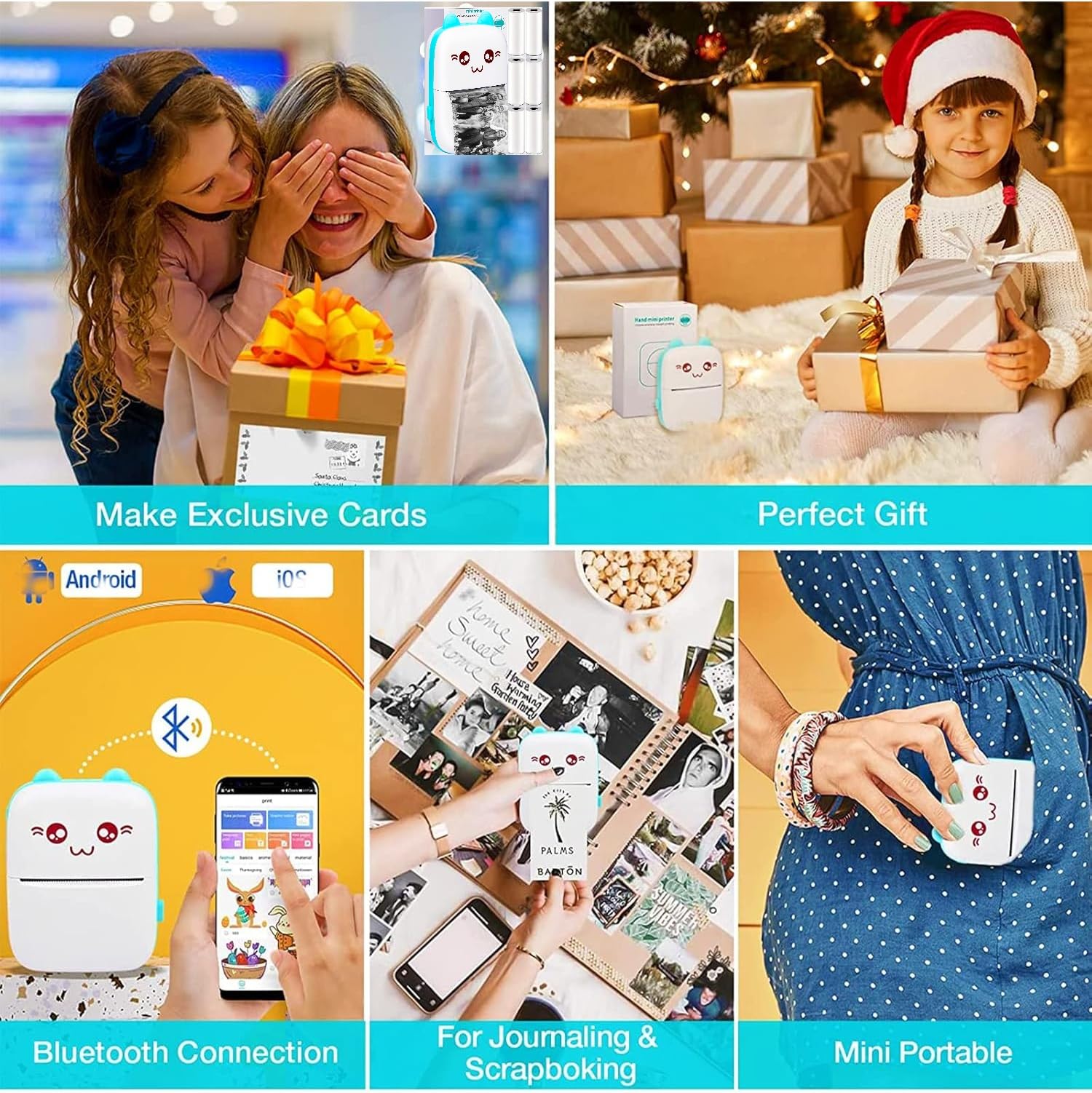 SHOPEE Mini Printer Portable, Pocket Thermal with 1 Rolls Paper Compatible iOS Android, Bluetooth Wireless Smart for Photo Picture Office Receipt QR Code Label List Note Inkless Printing 4