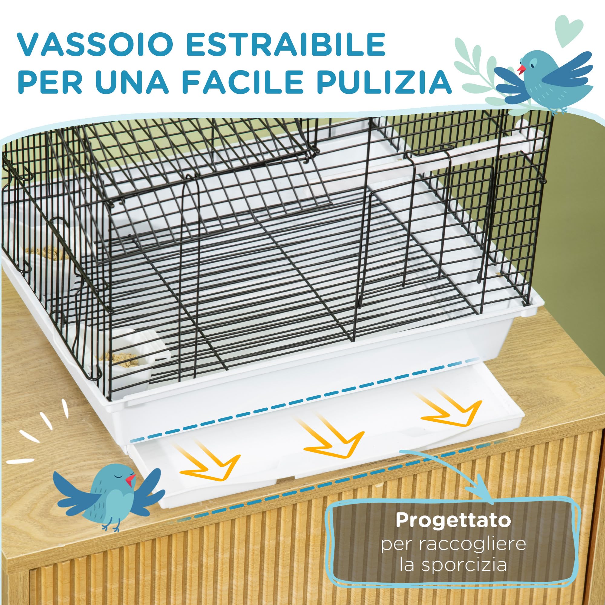 PawHut Gabbia per Uccelli con Vassoio Estraibile, Voliera Per Uccelli in Metallo e Plastica con Pioli e Altalena, 39x33x47cm, Bianco