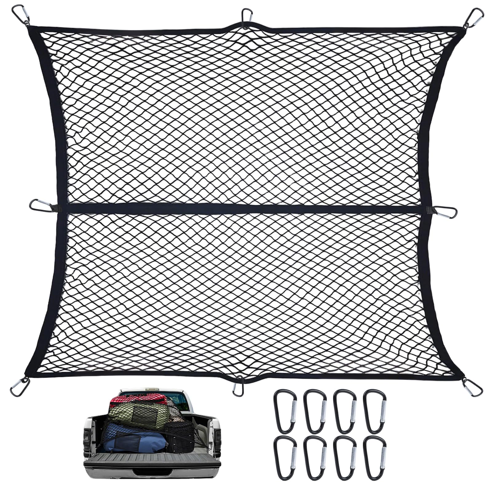 Cargo Net for Pickup Truck Bed - Stretchable Mesh Organizer With 6 Metal Carabiner Clips and 6 Hooks - Suitable for Daily Light Loads of Trucks and SUVs