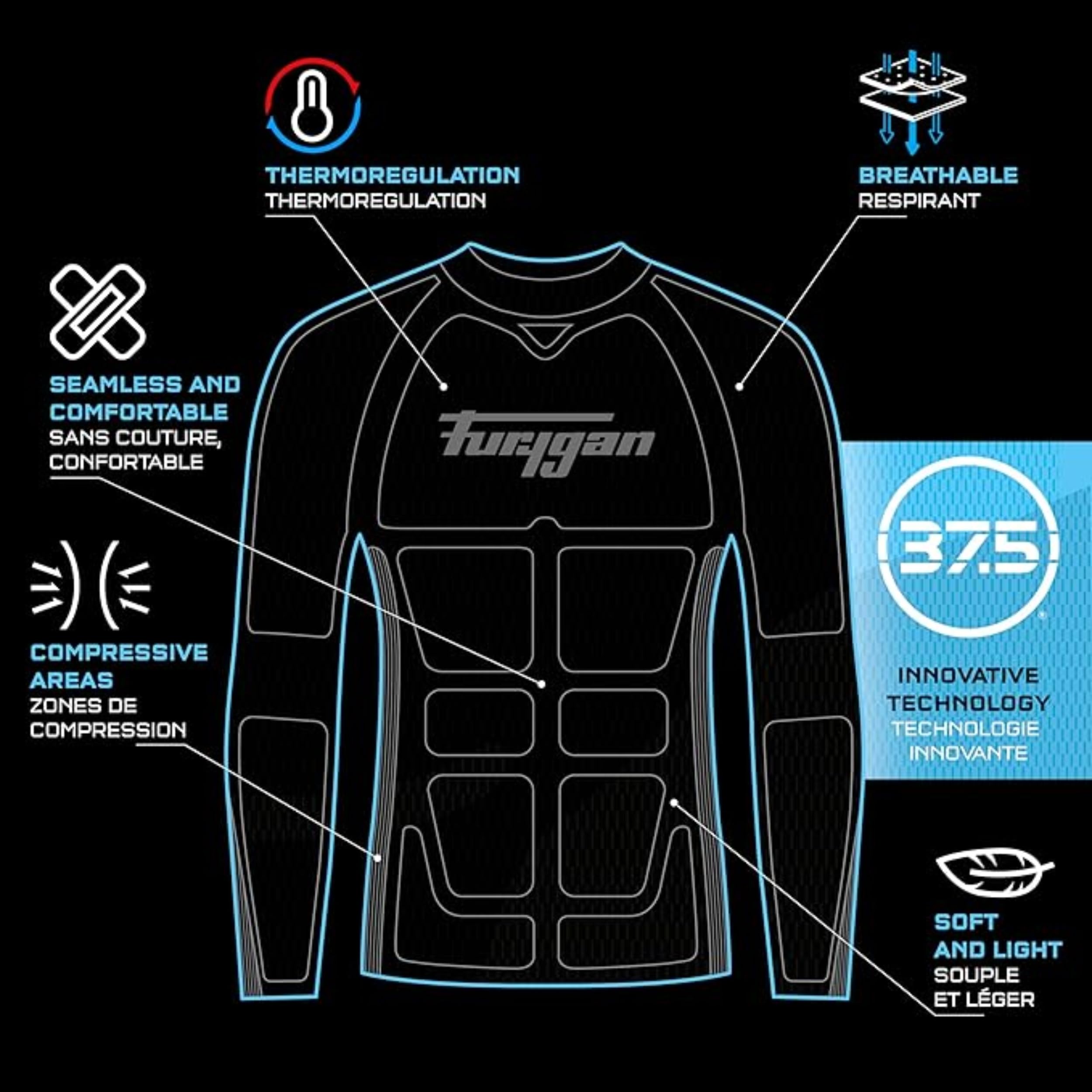 Furygan Active Long Sleeves - Termiczny top unisex, odzież techniczna z technologią termoregulacyjną 37,5, wygodna do jazdy na motocyklu, rowerze, jazdy na nartach, szybkoschnąca, bezszwowa,