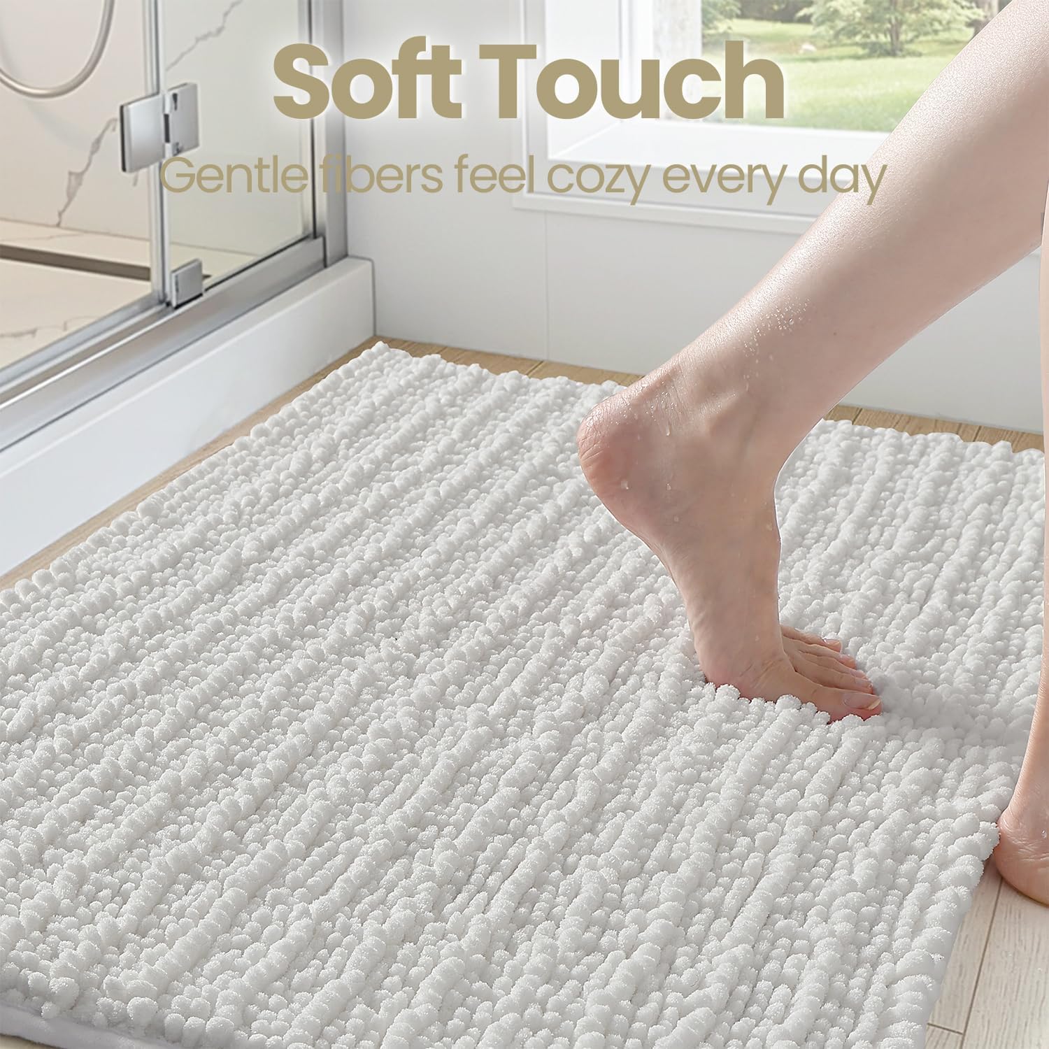 DEXI Bathroom Rugs 24x43, Super Soft Thick Chenille Absorbent Bath Mat, Non Slip Machine Washable Fluffy Shag Bathmat for Tub, Shower Floor, White
