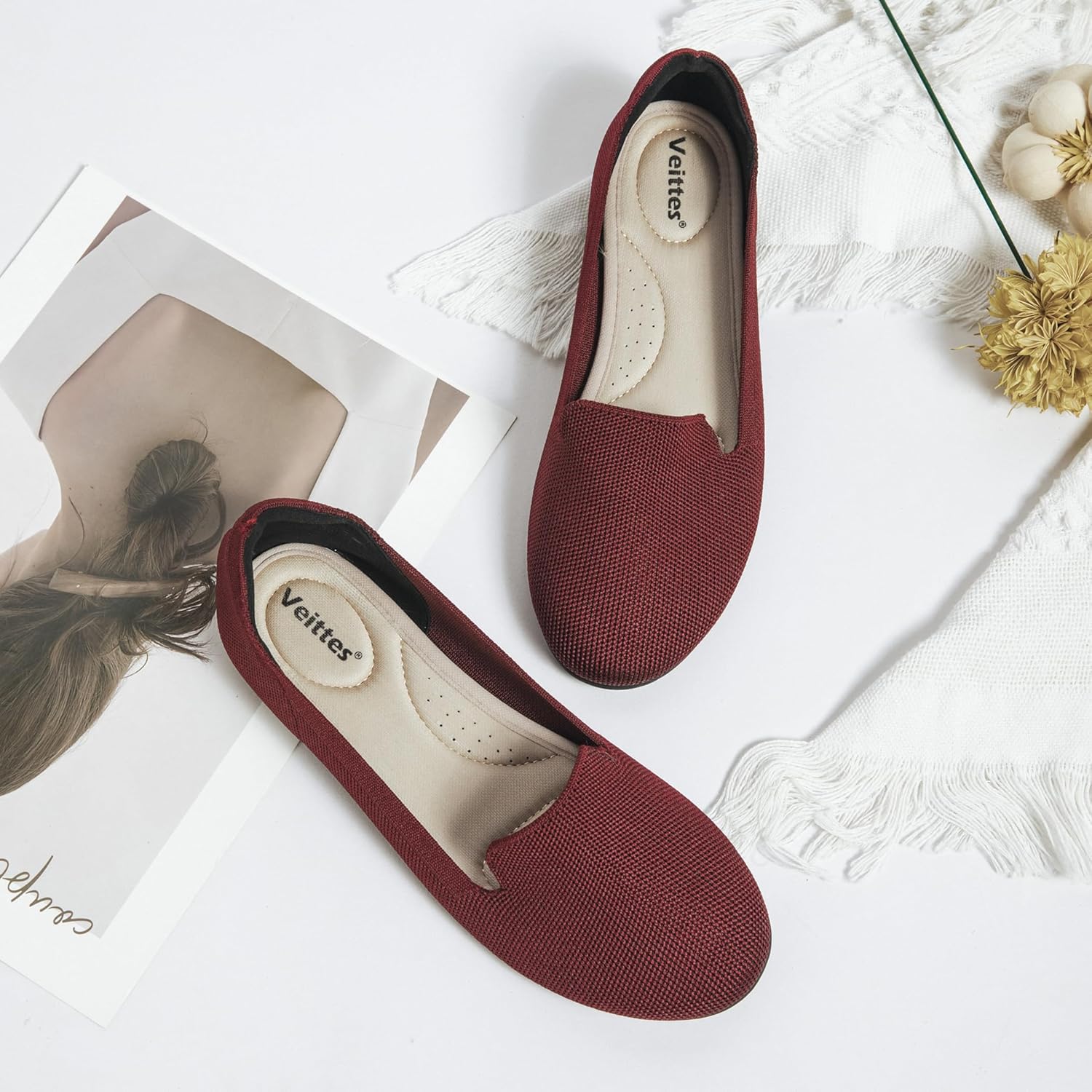 Veittes Women's Wide Width Flats Shoes, Dressy Comfortable Soft Ladies Elegant Slip on Knitted Ballet Shoes.(2205003-4,Burgundy/FK,6W) - Image 3