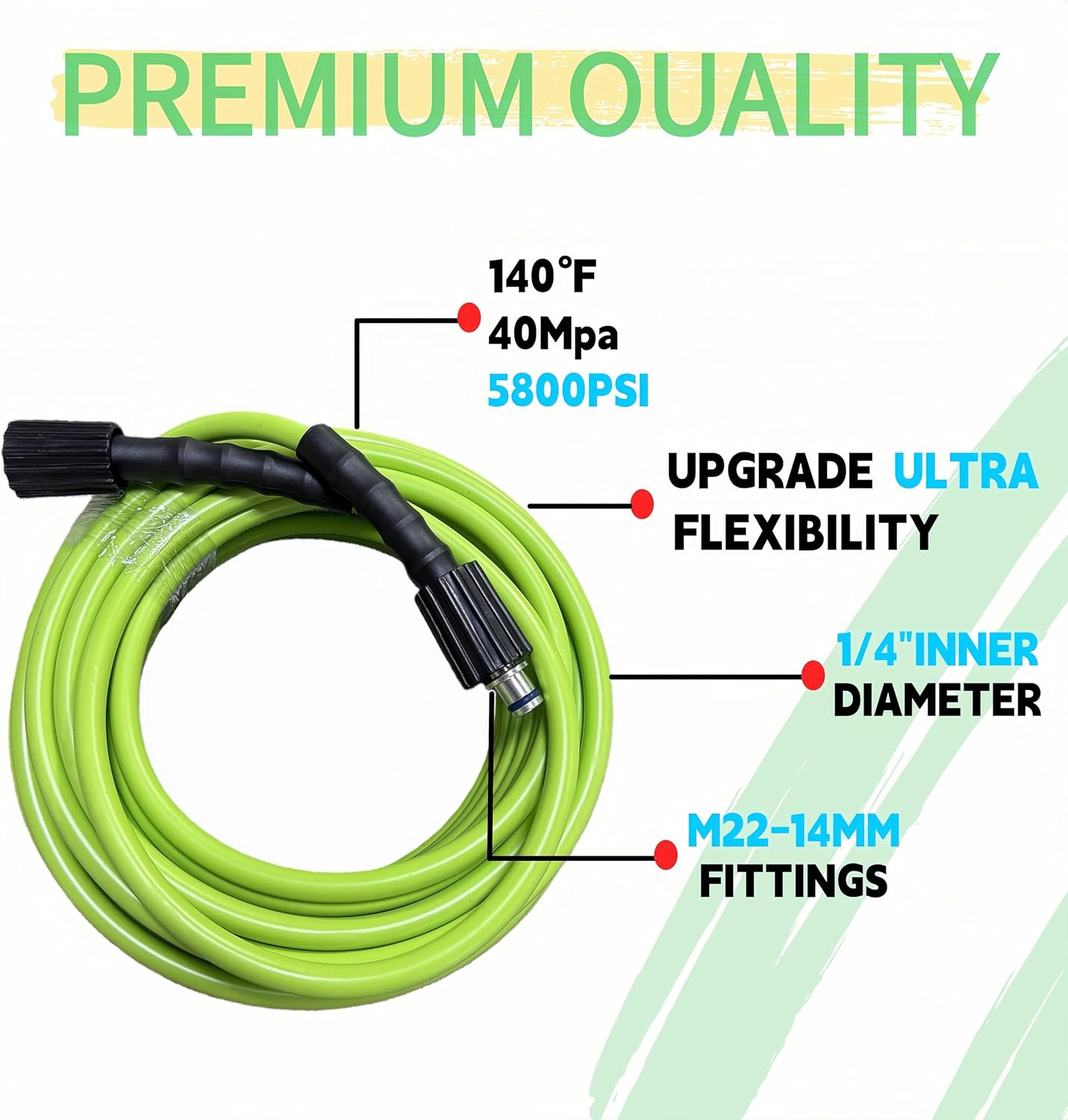 Super Flexible Pressure Washer Hose 50ft 5800 PSI Kink Resistant Power Washer Hose 1/4 in Replacement Power Wash Hose with M22 and 3/8" Quick Connection Kit for Gas & Electric
