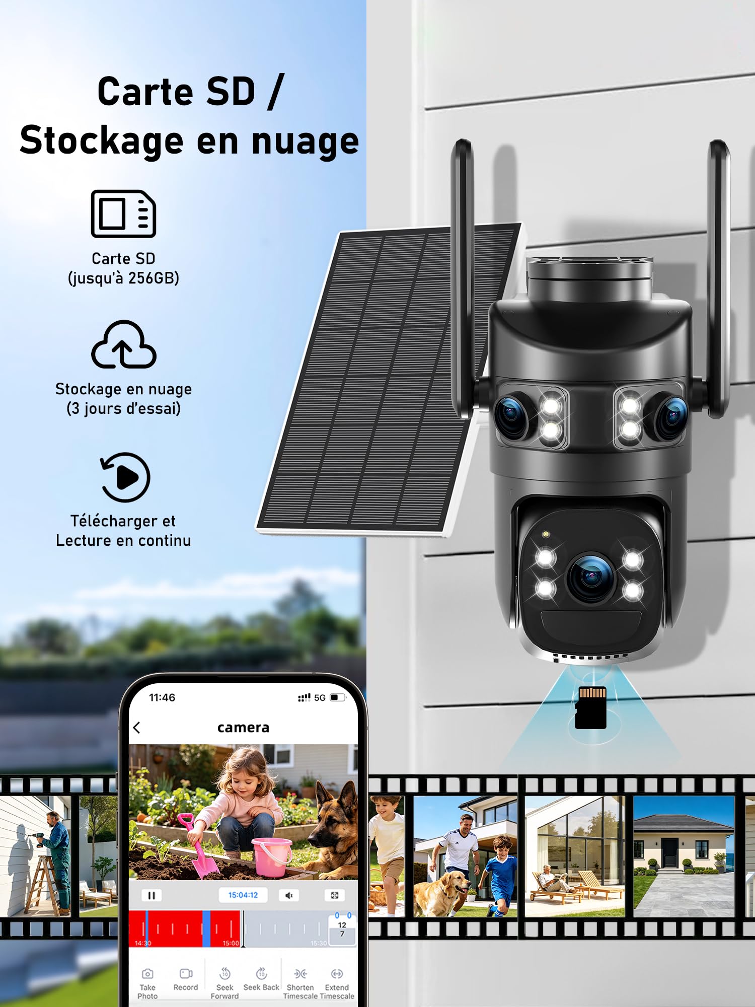 4K Camera Vigilancia WiFi Exterior Inalámbrico, Triple Objetivo/Cámara Solar/Batería, 360° PTZ Seguridad en el hogar, Visión Vocturne 30M, Alarma, Audio bidireccional, Seguimiento automático,2PCS