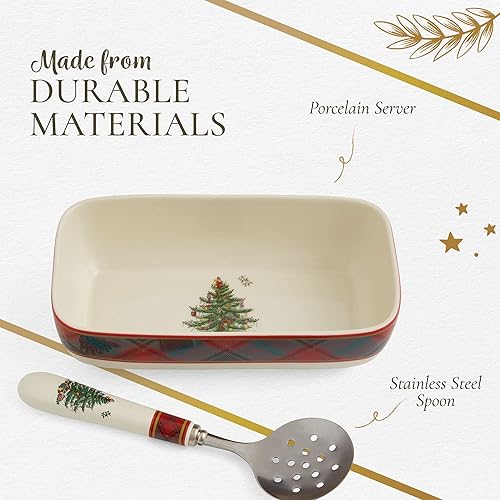 Miniatura 4 de Spode  Servidor rectangular de arándano de tartán para árbol de Navidad con cuchara ranurada, plato de 8 x 4.25 pulgadas, cuchara ranurada de 8.1