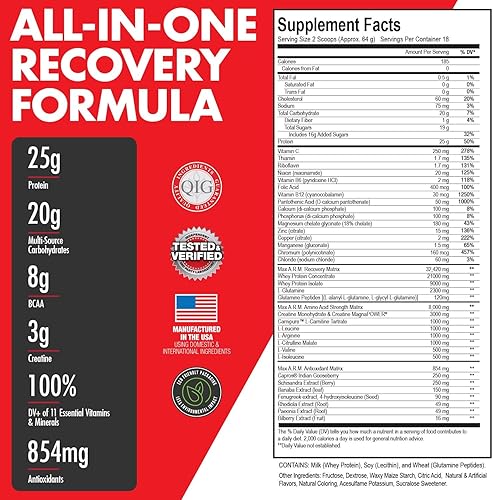 Miniatura 7 de Max Muscle Arm Plus+ - Matriz de recuperación anabólica  0.88 oz de proteína, 0.28 oz de Bcaas, 0.11 oz de creatina  Proteína de suero,