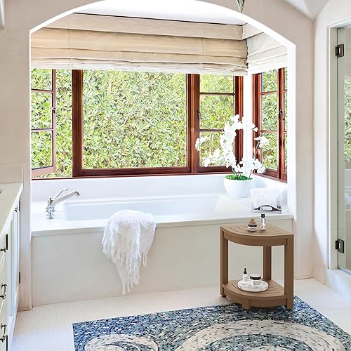 Miniatura 2 de LUE BONA Banco de ducha para ducha interior, taburete de ducha de esquina HDPS marrón para afeitarse las piernas, estante de almacenamiento