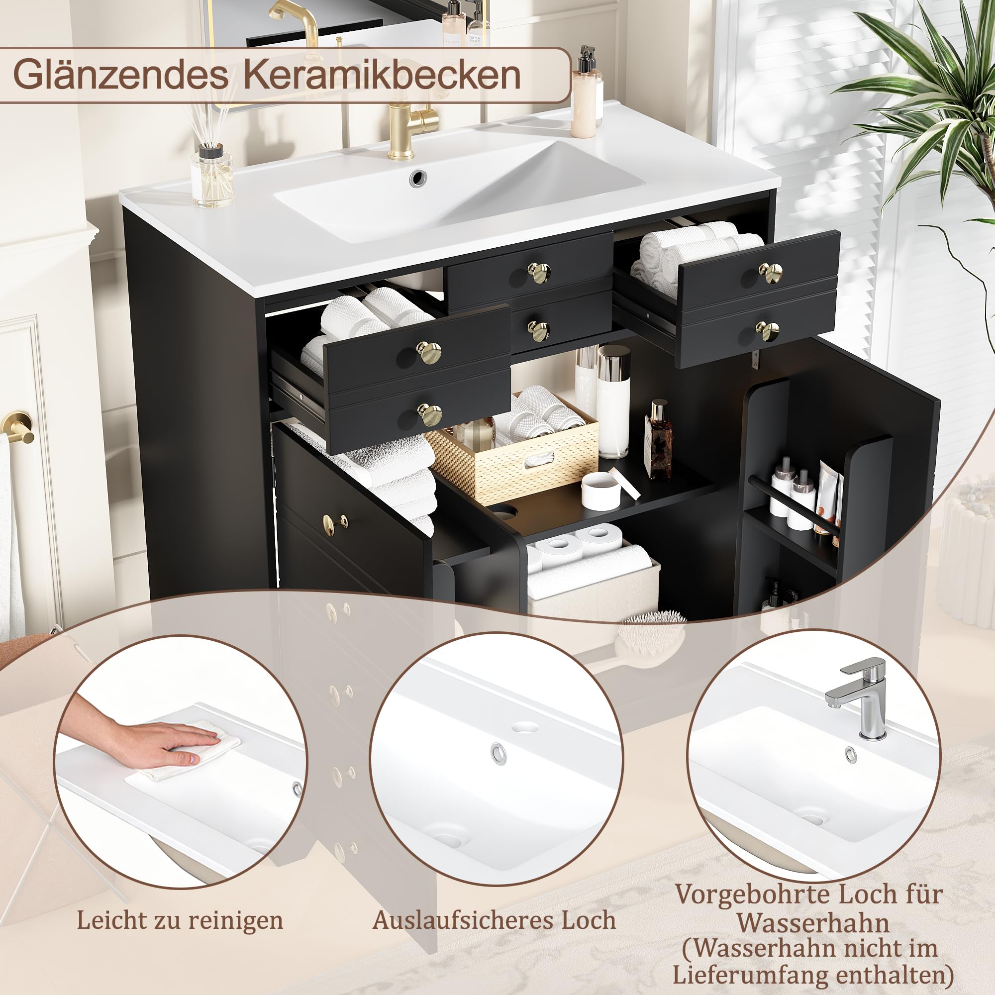 Waschbeckenschrank mit Vielseitiger Stauraum, Badezimmerschrank mit 2 Schubladen und Verstellbare Einlegeböden, Keramikwaschbecken, Moderner Badmöbel, Schwarz-D, 91.5x47x86.5 cm