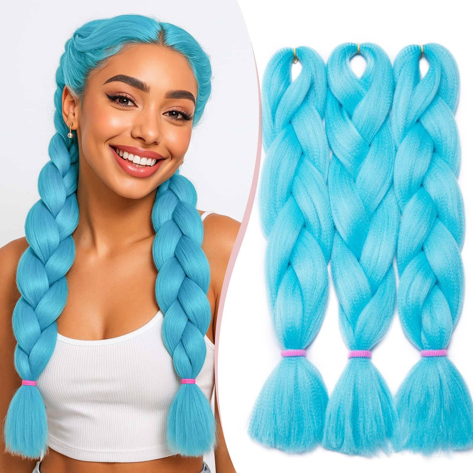 SEGO Pro Braiding Hair Extensions 24 Inch Yaki Synthetic Jumbo Box Braid Hair for Crochet Twist Braids for Women Pack of 3 (Sky Blue)