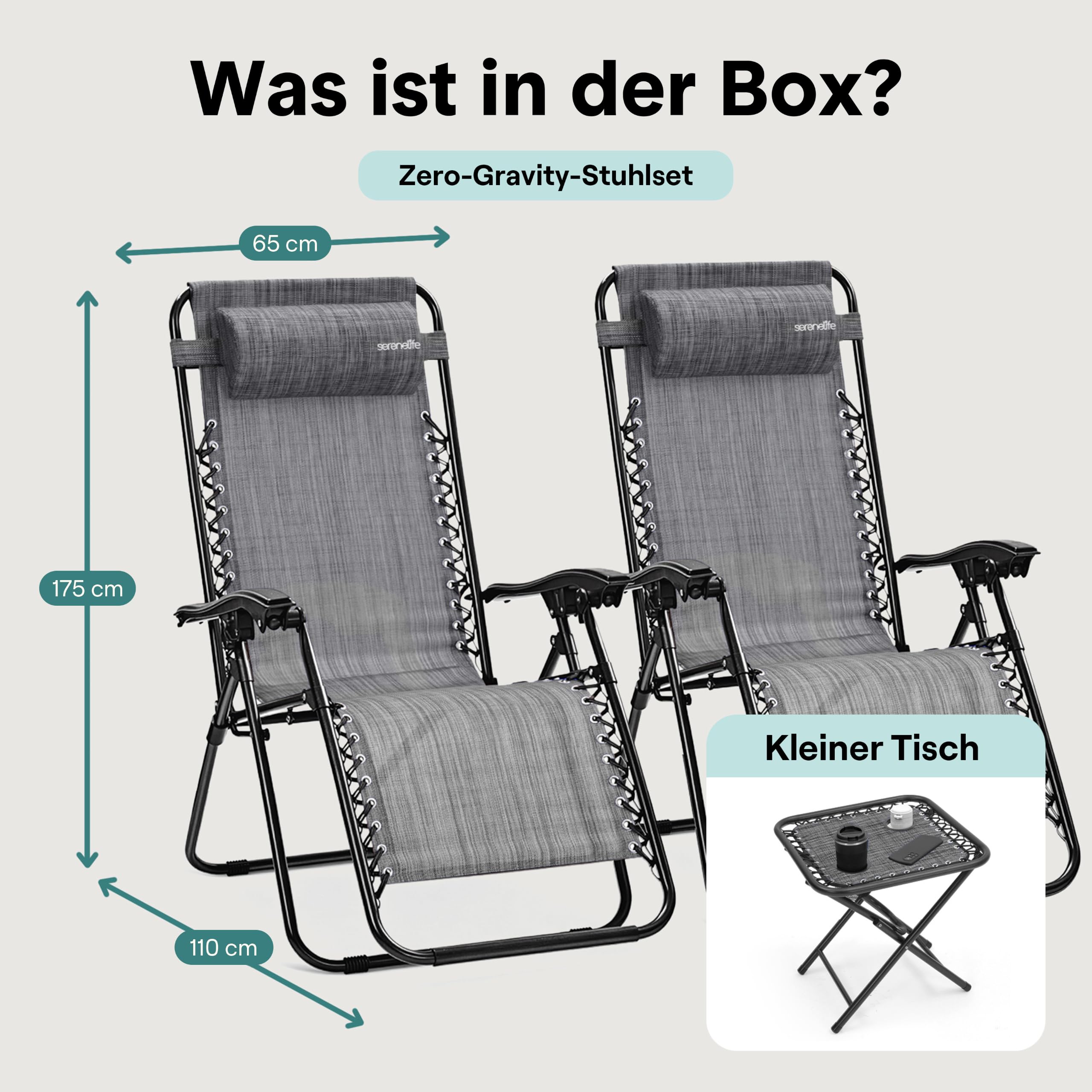 SereneLife Sonnenliege Klappbar 2er Set mit Tisch, Zero Gravity Liegestuhl Garten, bis 120 kg Grau, Verstellbar und Wetterfest, mit Getränkehalter und Kopfkissen, für Balkon Strand Camping
