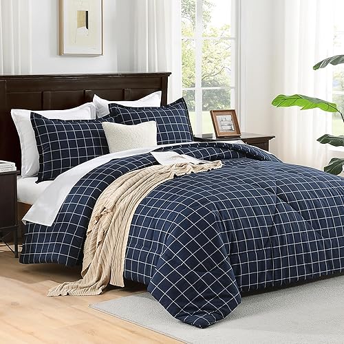 Miniatura 2 de Andency Juego de edredón de cuadrícula azul marino, tamaño King (104 x 90 pulgadas), 3 piezas (1 edredón de rejilla y 2 fundas de almohada), edredón