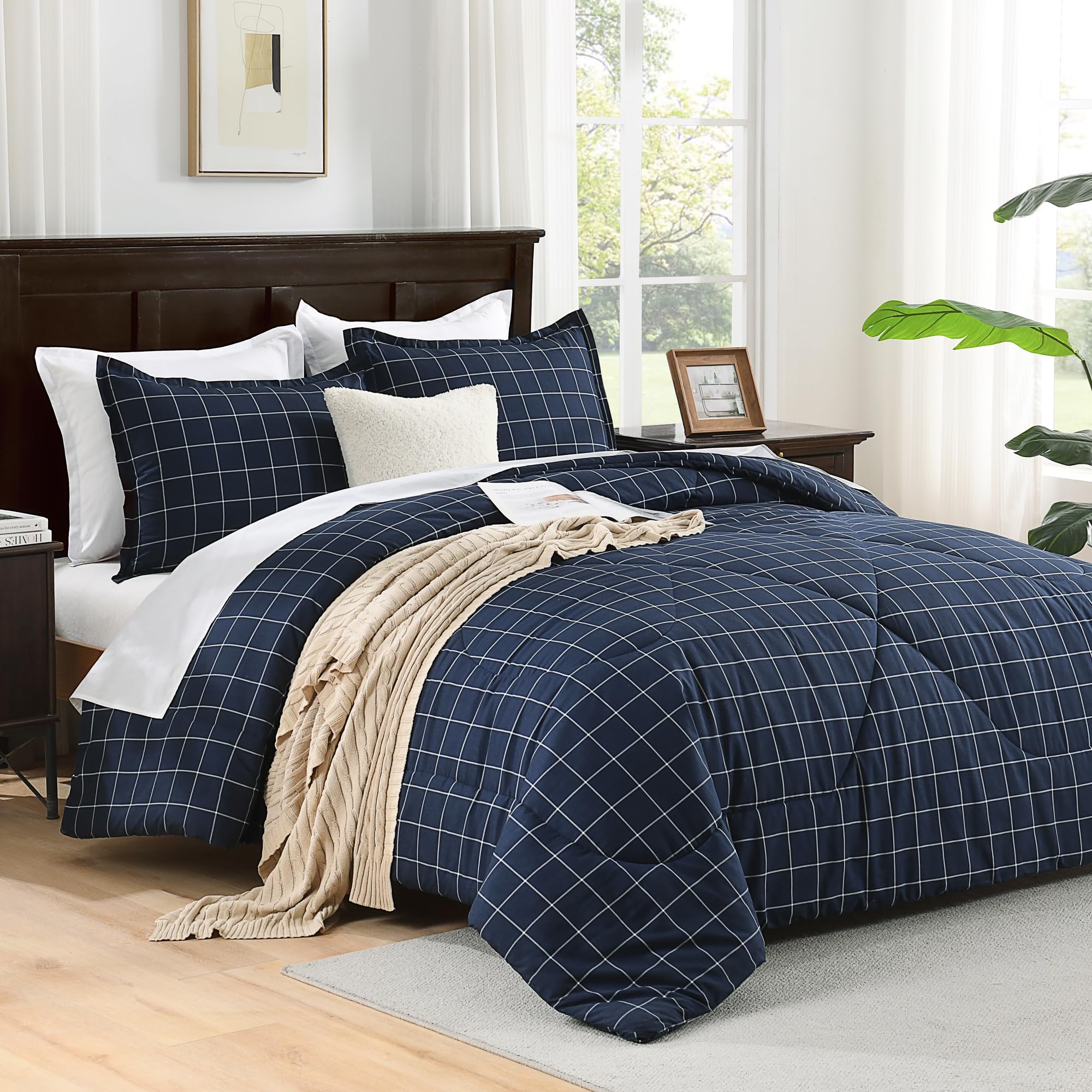 Amazon.com: Andency Navy Grid Comforter Set King Size (104x90 Inch