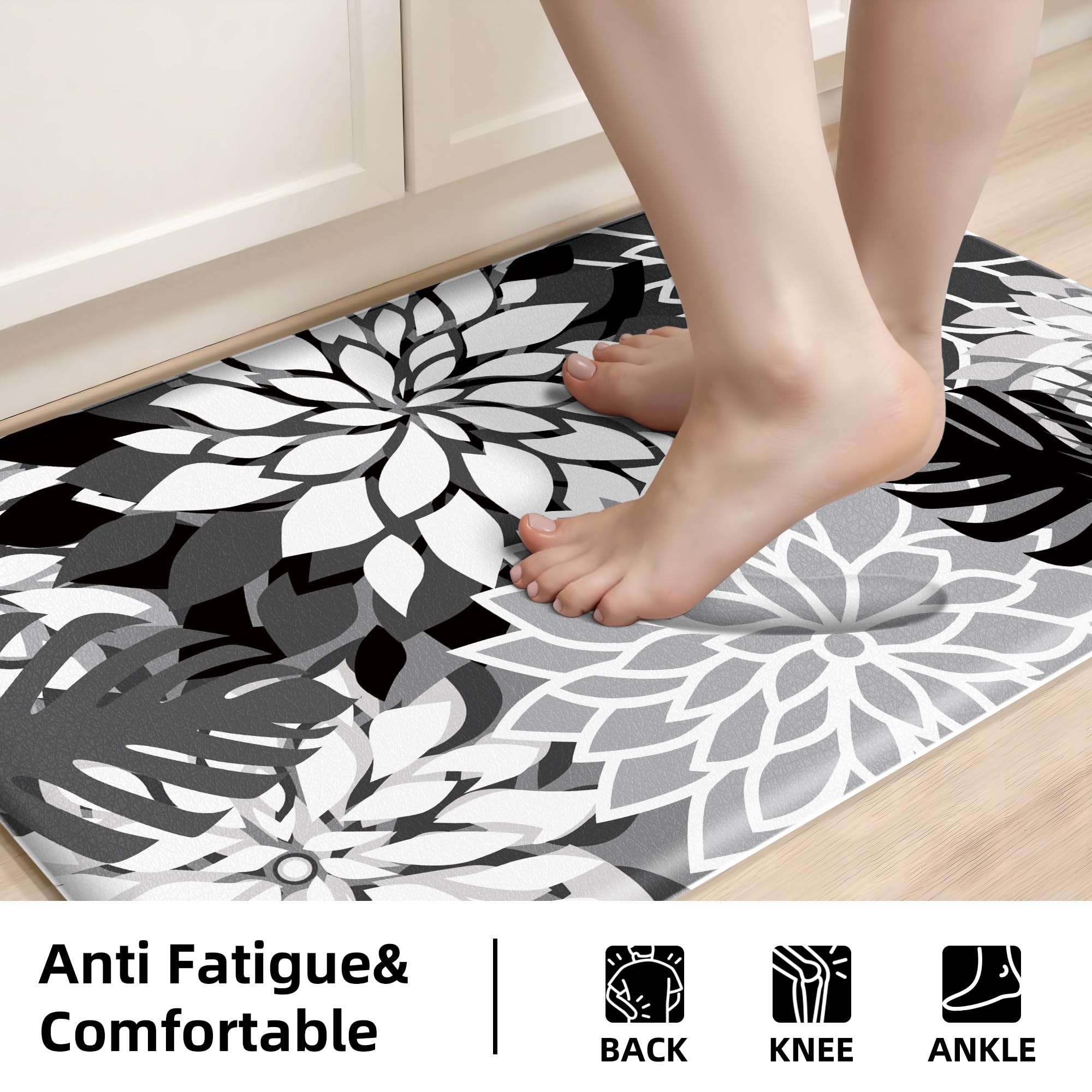 Arenarug Kitchen Mats for Floor 2 Piece Cushioned Anti Fatigue Kitchen Mats Waterproof Non Slip Kitchen Mat Rug Set Comfort Foam Standing Mat for Sink, Laundry, Office, Black White: Black White 17.3"x30"+17.3"x47"-0.4 inch