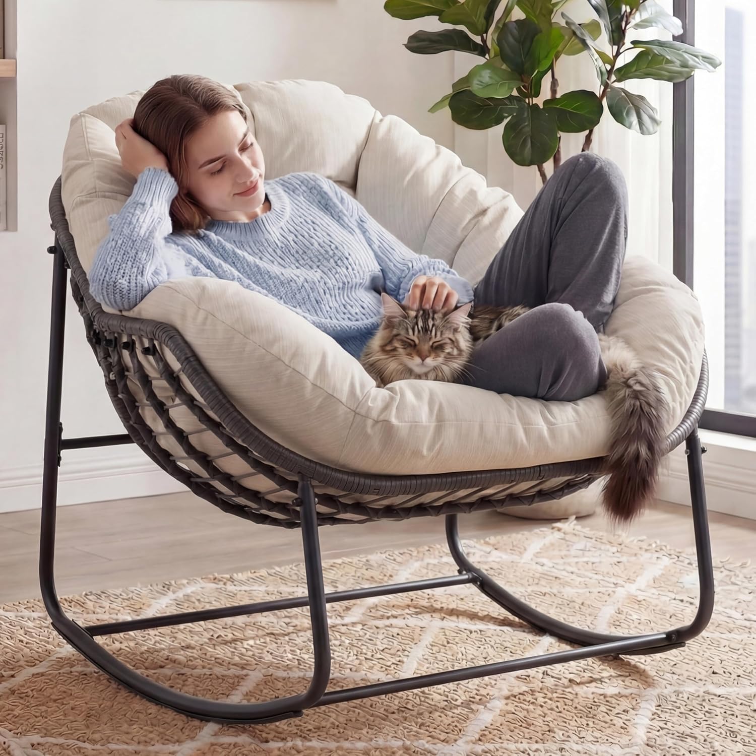 Large Egg Shaped Rocking Chair with Thick Cushion, Indoor Outdoor Papasan Chair, Rattan Wicker Comfy Lounge Rocker for Bedroom, Living Room, Porch, Balcony, Patio (1, Gunmetal gray Frame-Beige)