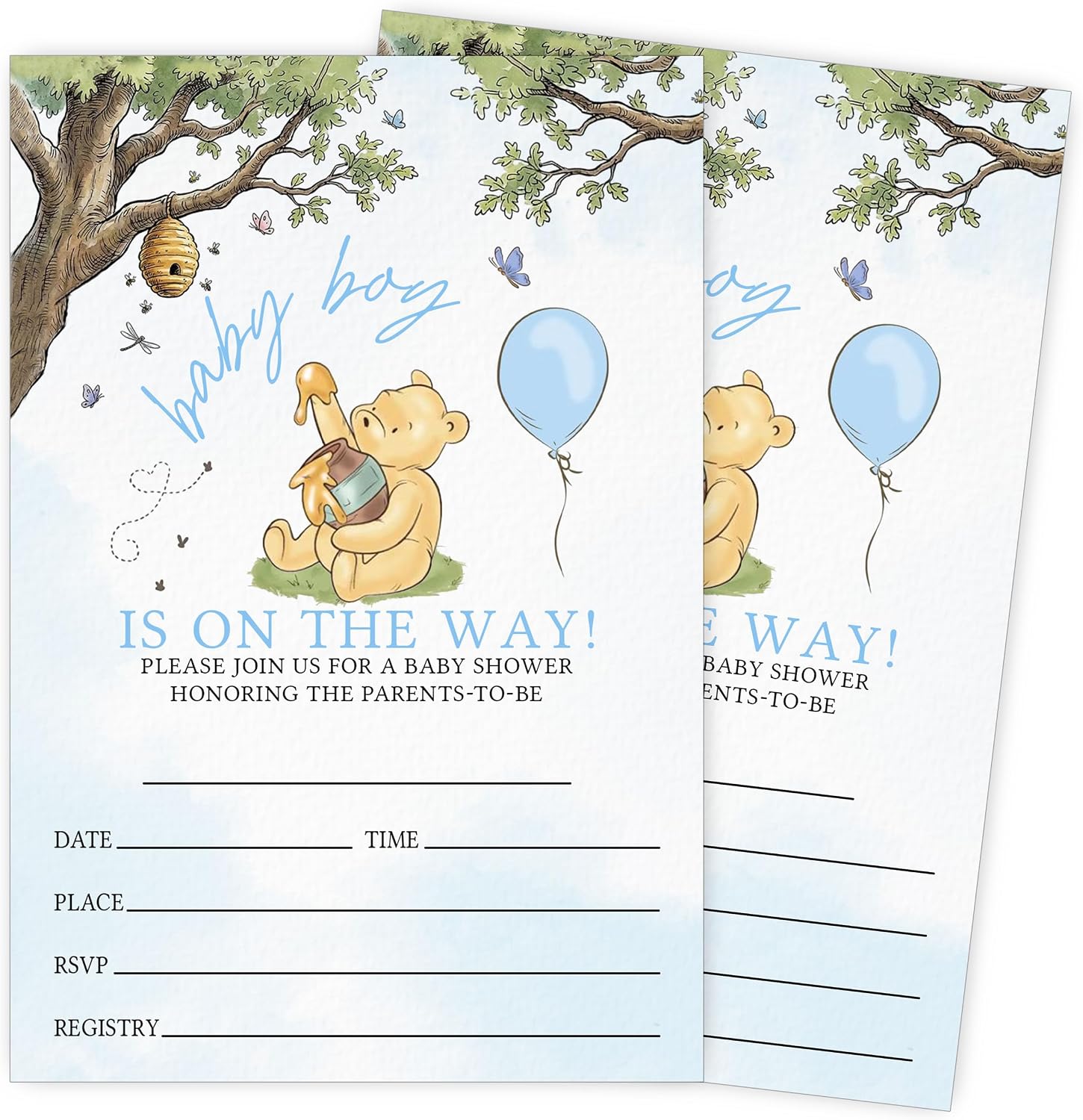 25 Winnie Bear Baby Boy Baby Shower Invitations with Envelopes, Diaper Raffle & Book for Baby Cards for Boys, Neutral Babyshower Announcement Gender Reveal Games for Guests Decorations-A08