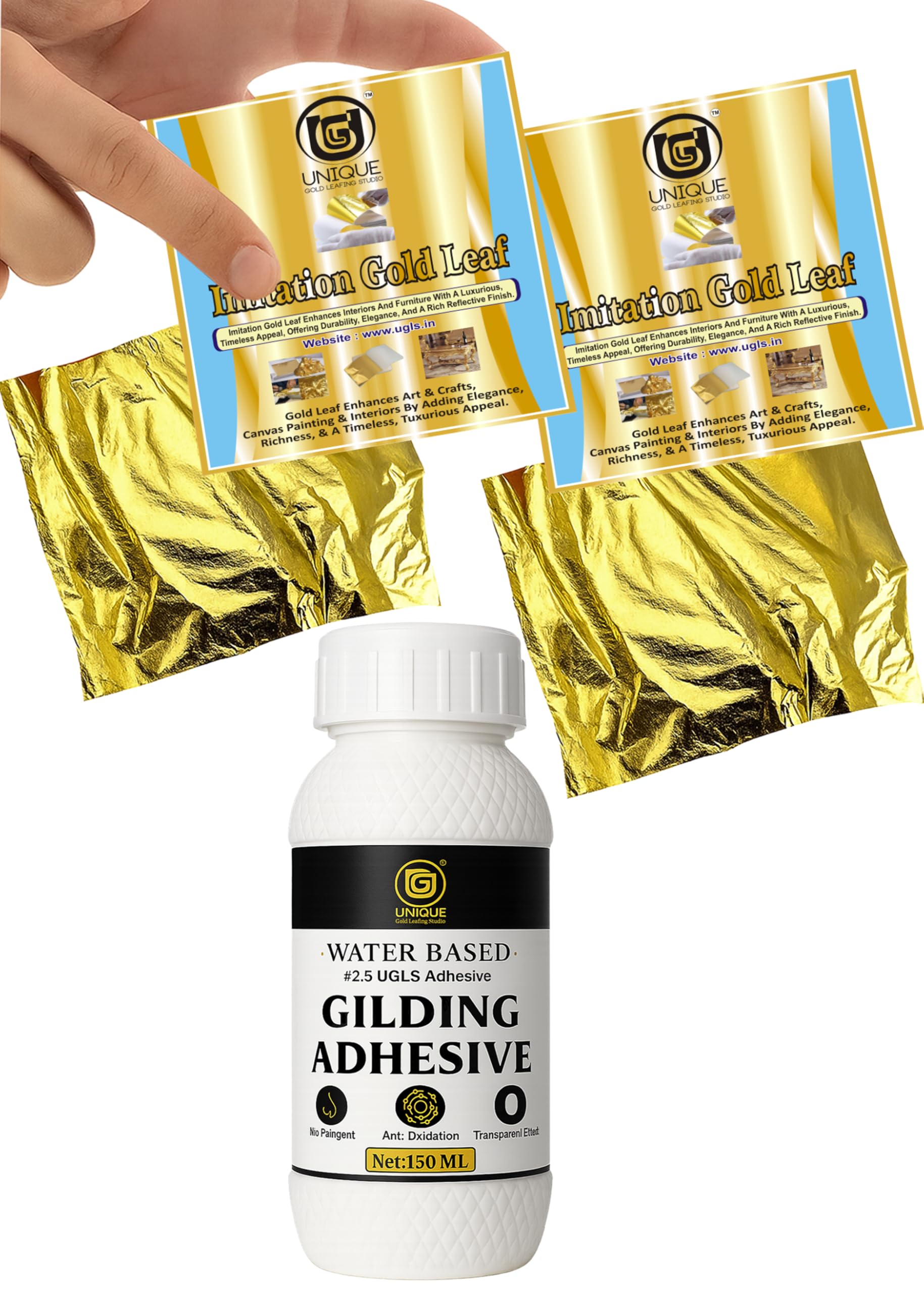 UGLS Gold Leaf Sheets 200 Pack (8 cm x 8 cm) + Adhesive 150 ml – Gilding Glue - Golden Foil for Gilding, Epoxy Resin Art, Maysur Paintings, Arts & Crafts, DIY Gilding, Furniture Gilding