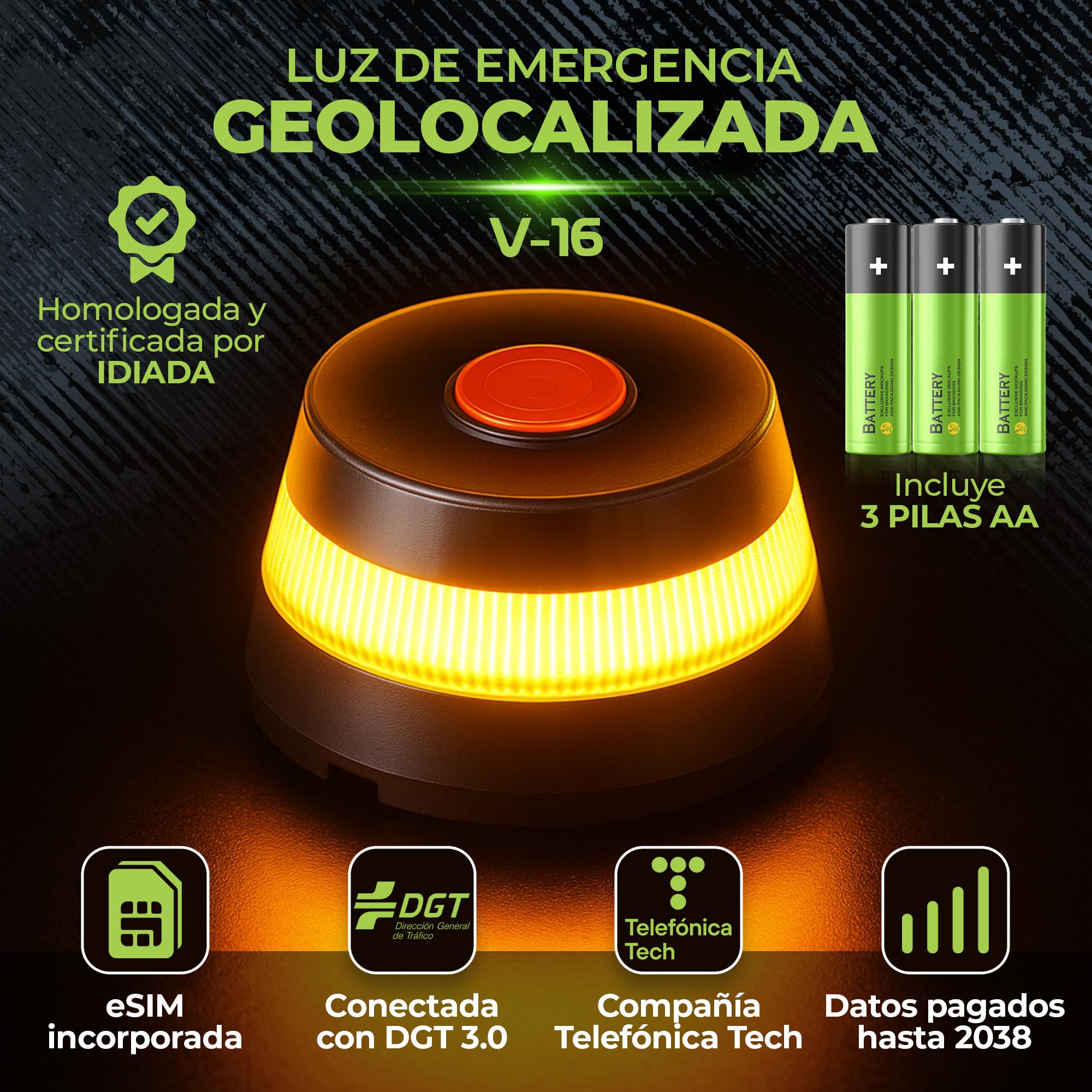 WORLD PRODUCTS STORE- Baliza V16 Homologada DGT con Geolocalización DGT 3.0 – Luz de Emergencia Coche Obligatoria desde 2026 con eSIM -Datos Incluidos Telefonica Tech– Visibilidad 360° 1 km — view 2