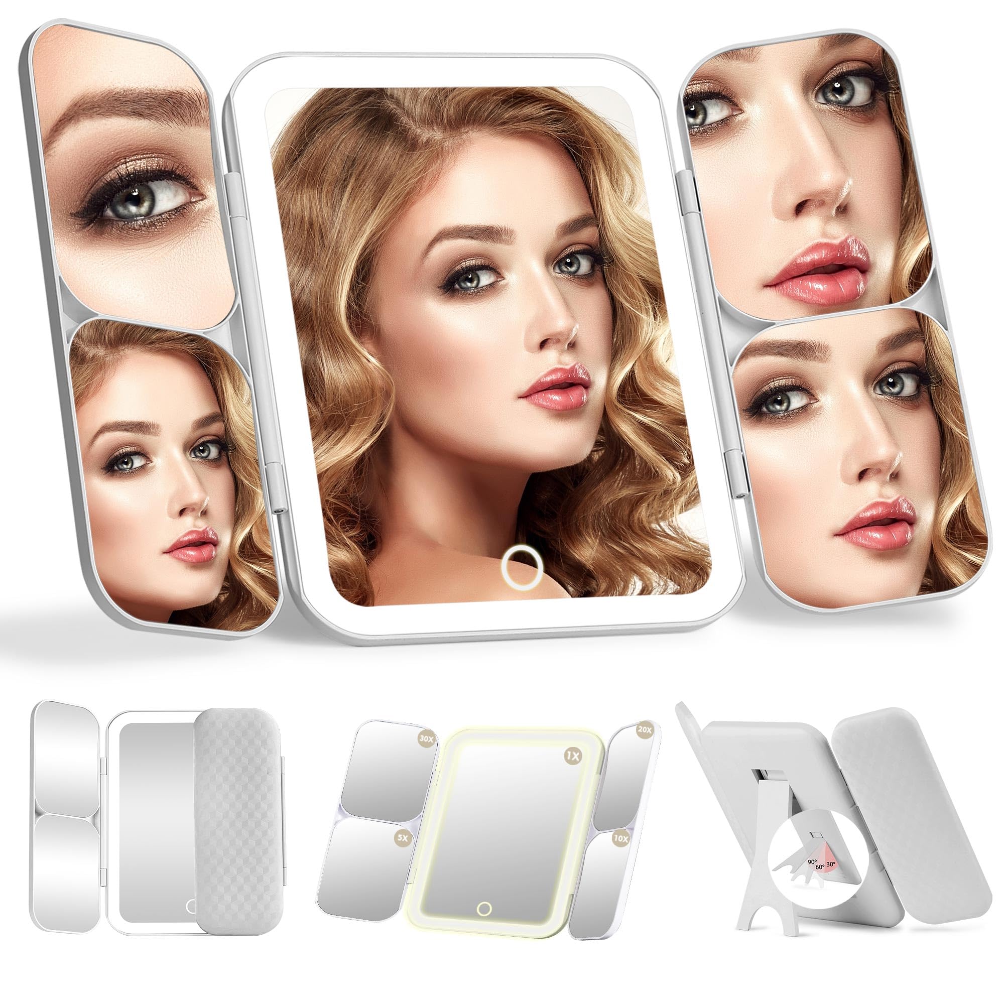 Espejo de maquillaje de viaje plegable con luz, 1x/5X/10X/20x/30x, espejo de maquillaje de viaje recargable con soporte ajustable, 3 colores regulables, control táctil (blanco puro)