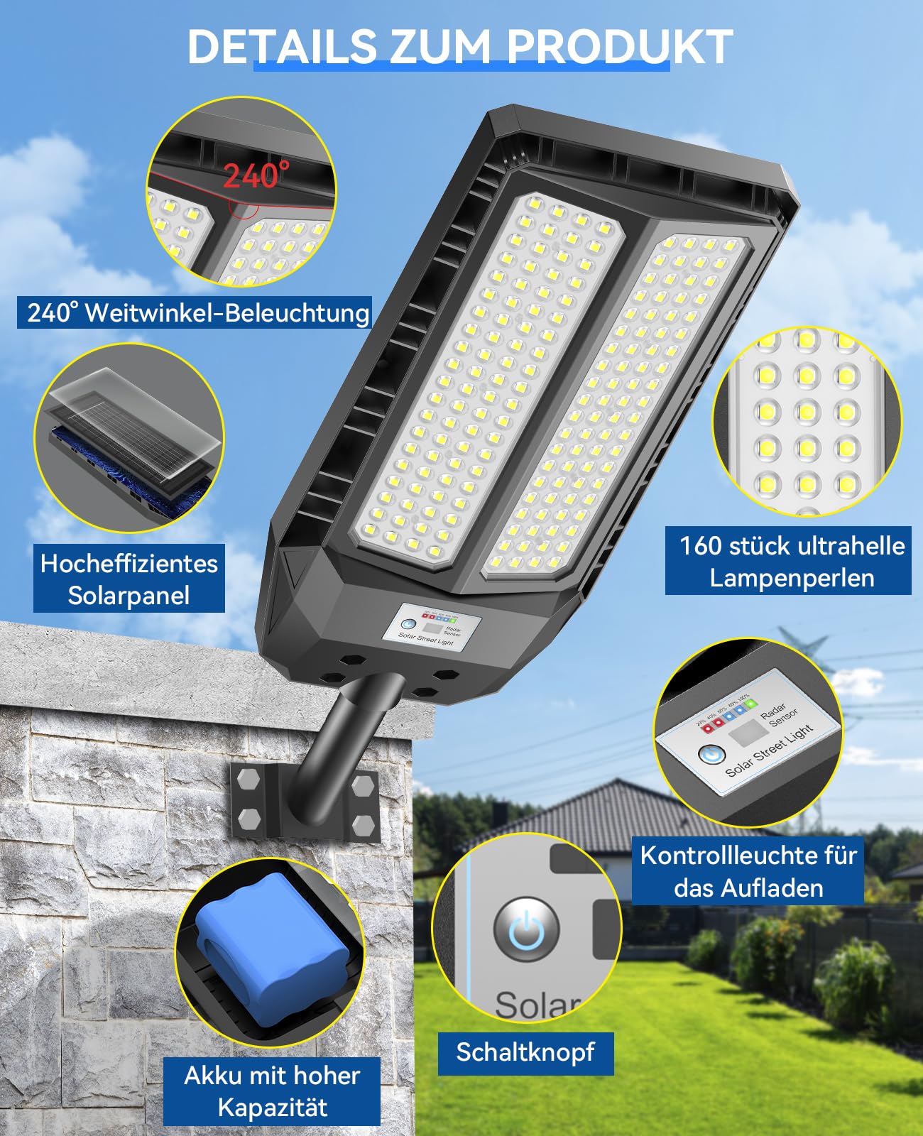 Adewalk 900W Solar Straßenlaterne mit Fernbedienung, IP66 Wasserdichte Solarlampen für Außen mit Bewegungssensor, 6500K Solarleuchten Superhelles LED Solar Strahler Außen für Gärten Garage Straßen