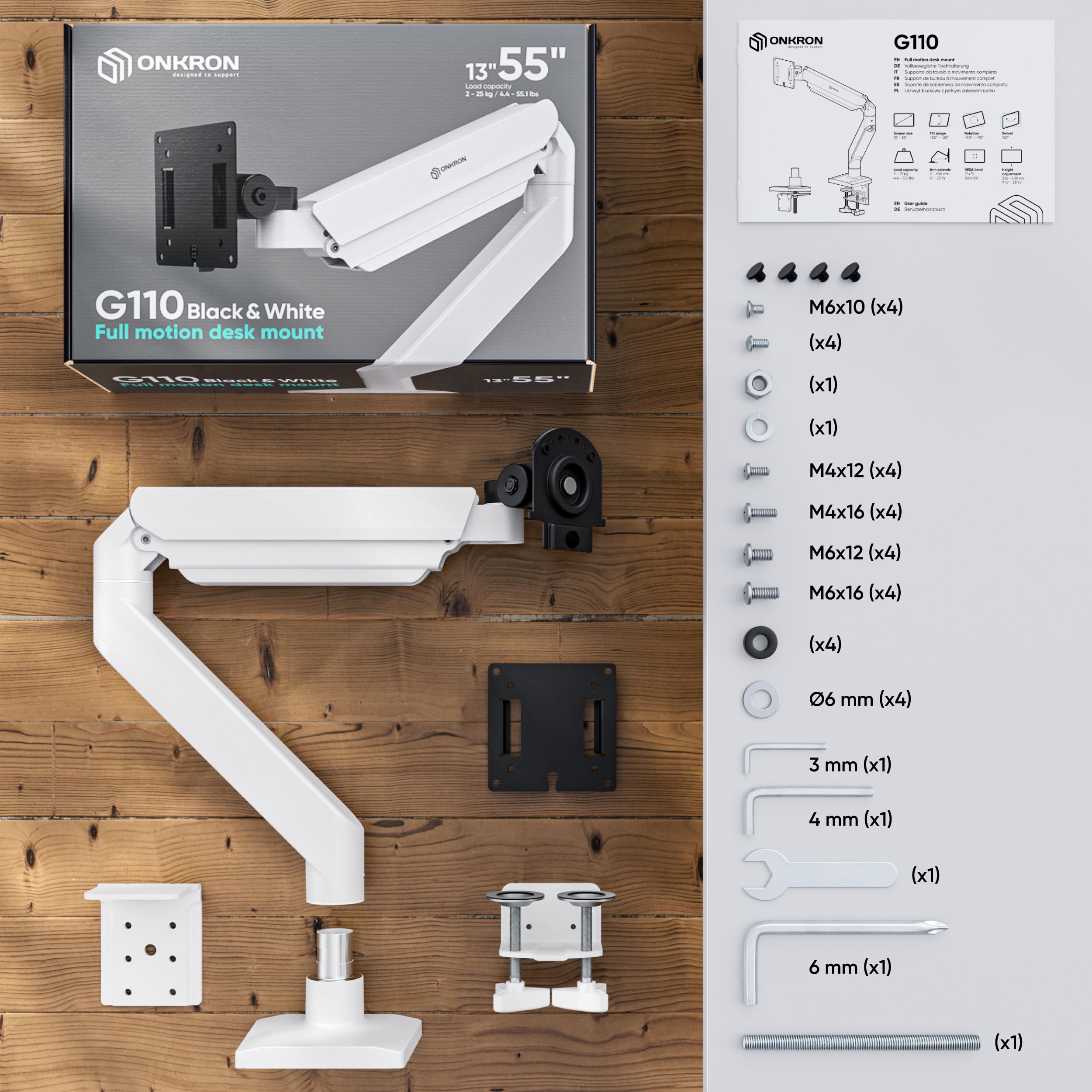 ONKRON Uchwyt do monitora 15-42 cali 15 kg VESA 75x75-100x100 z USB sprężyna gazowa G110-BG