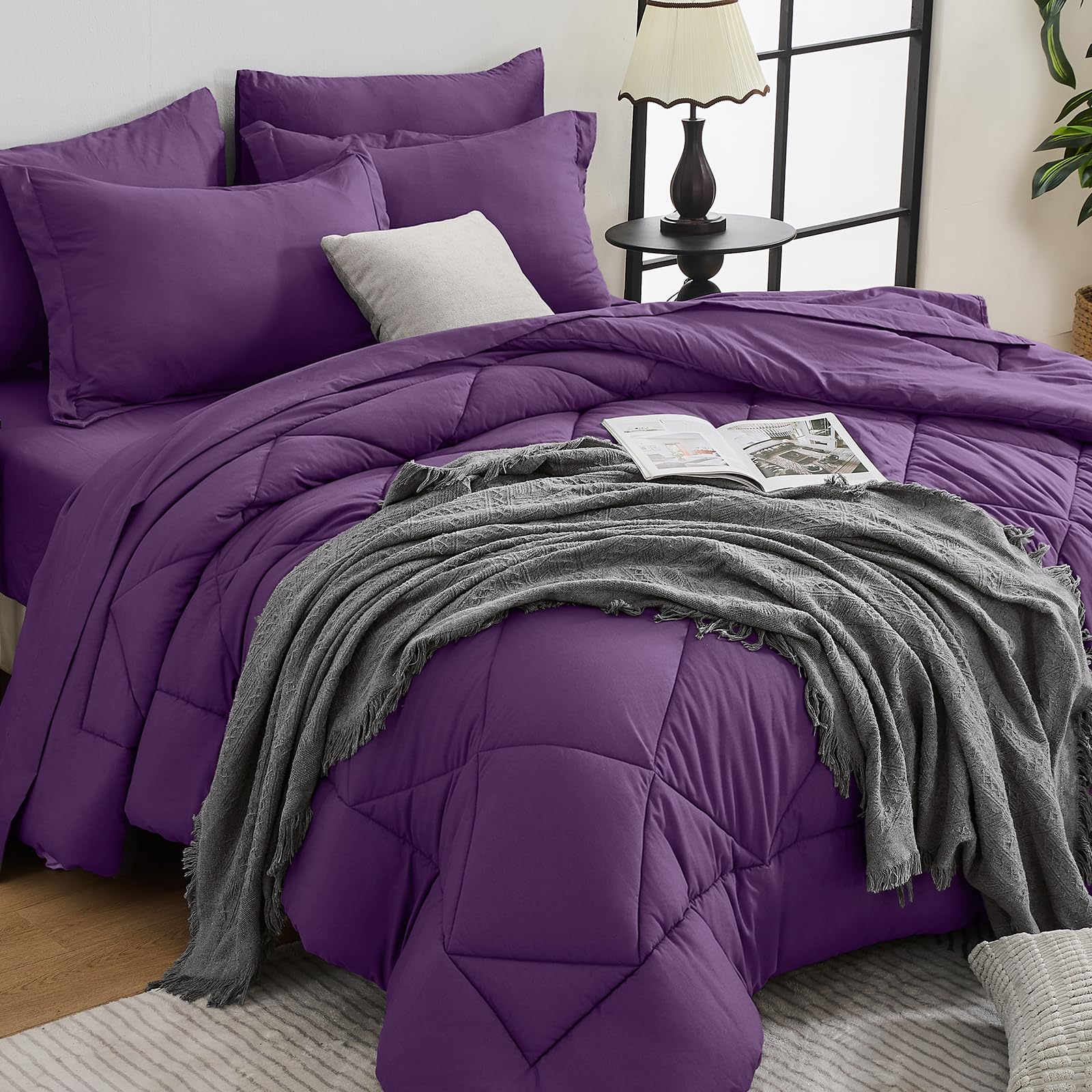 HEVUMYI 7-Piece Queen Comforter Set, Grape Purple Bed in a Bag
