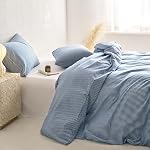 Wake In Cloud - Striped Cotton Duvet Cover Set, Ticking Stripe Pinstripe Farmhouse, 100% Washed Cotton Textured Bedding Set, 3 Pieces, Denim Blue, Full Size