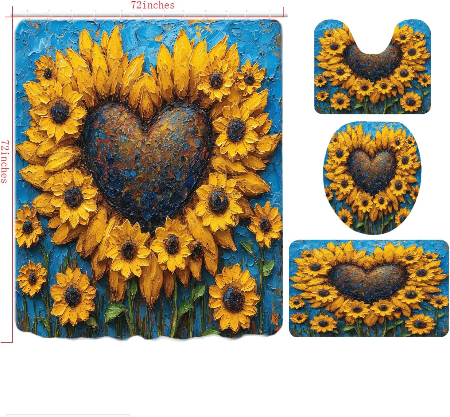 Shower Curtain and Bathroom Carpet Non-Slip Toilet Set, Household Bathtub Waterproof Shower Curtain 3D Printed Durable Polyester Fabric 4 Piece Sunflower Set