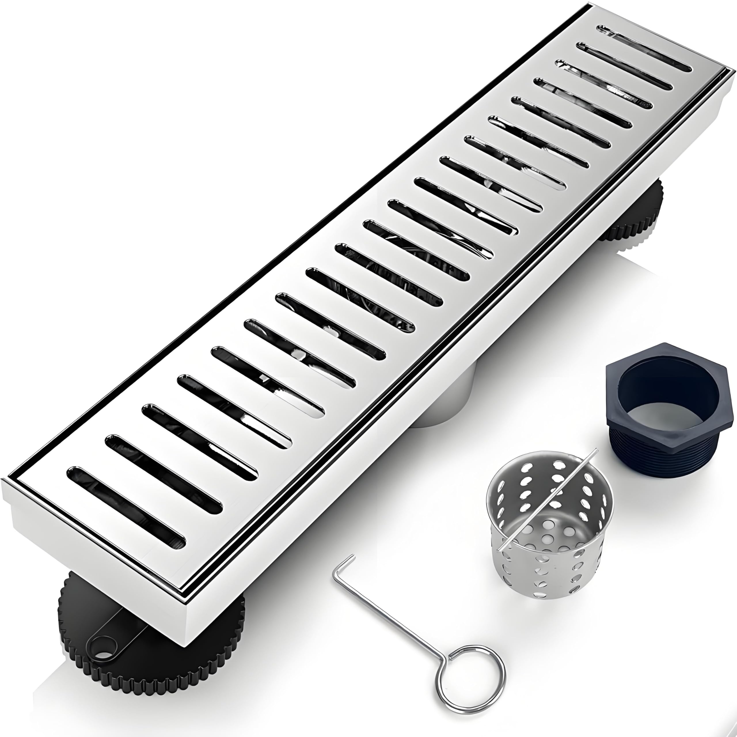Desagüe de ducha lineal de 12 pulgadas, para baño, cocina, desagüe de suelo plateado, extraíble, con patrón de cápsula, accesorios de drenaje de ducha de acero inoxidable 304 con colador de pelo,