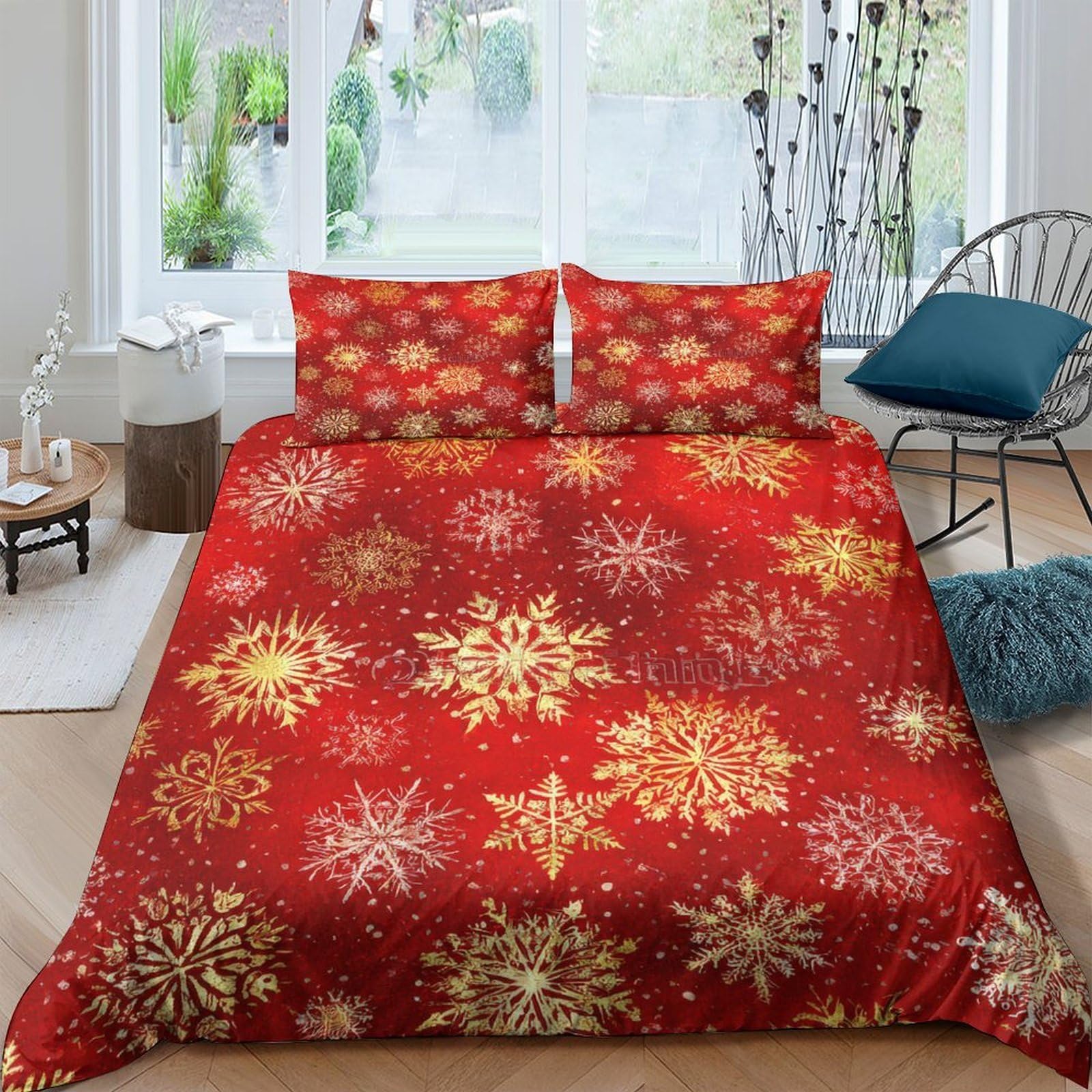 Ctjqhvkz Style-9 3D Printed Snowflake Fitted Sheet Microfiber Red Christmas Bed Cover For Bedroom Guest Room Decor Machine Washable Single（135X200cm）