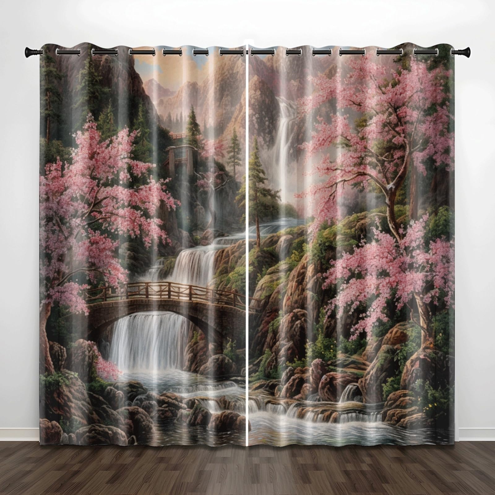 Curtain Braun Berg Rosa Gardinen Polyester Vorhang mit Ösen Blackout Curtain Waschbar Vorhänge mit Ösen Living Room Thermovorhang Schlafzimmer Verdunklungsvorhänge Blickdicht 2x140x160cm