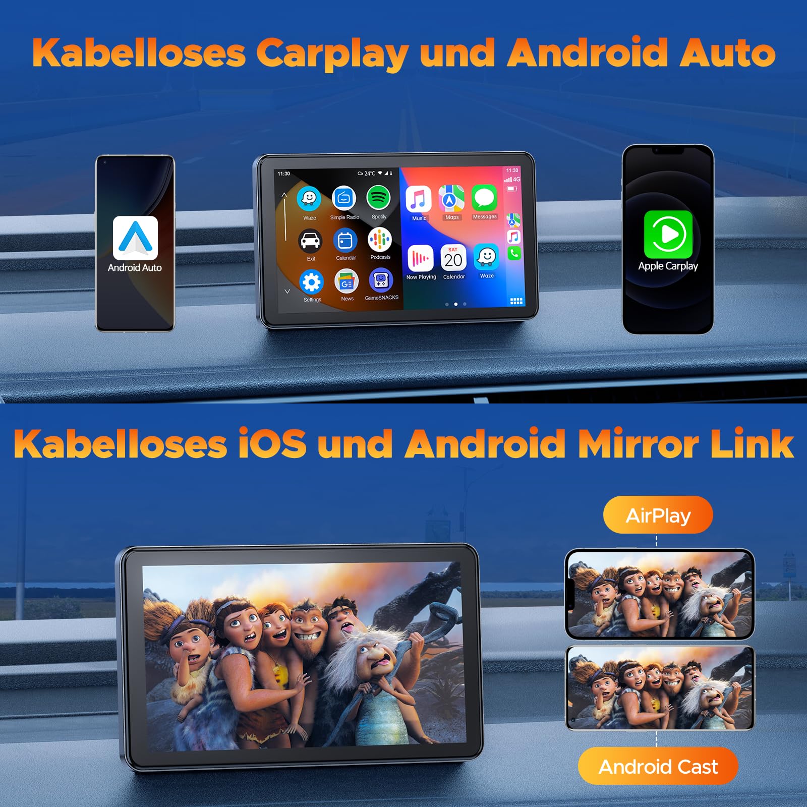 Volam Bezprzewodowy wyświetlacz samochodowy z systemem Android z 7-calowy ekran dotykowy, Mirror Link, nawigacja na żywo, Play Music, Siri, G00gle, asystent głosowy, Bluetooth,FM/Aux