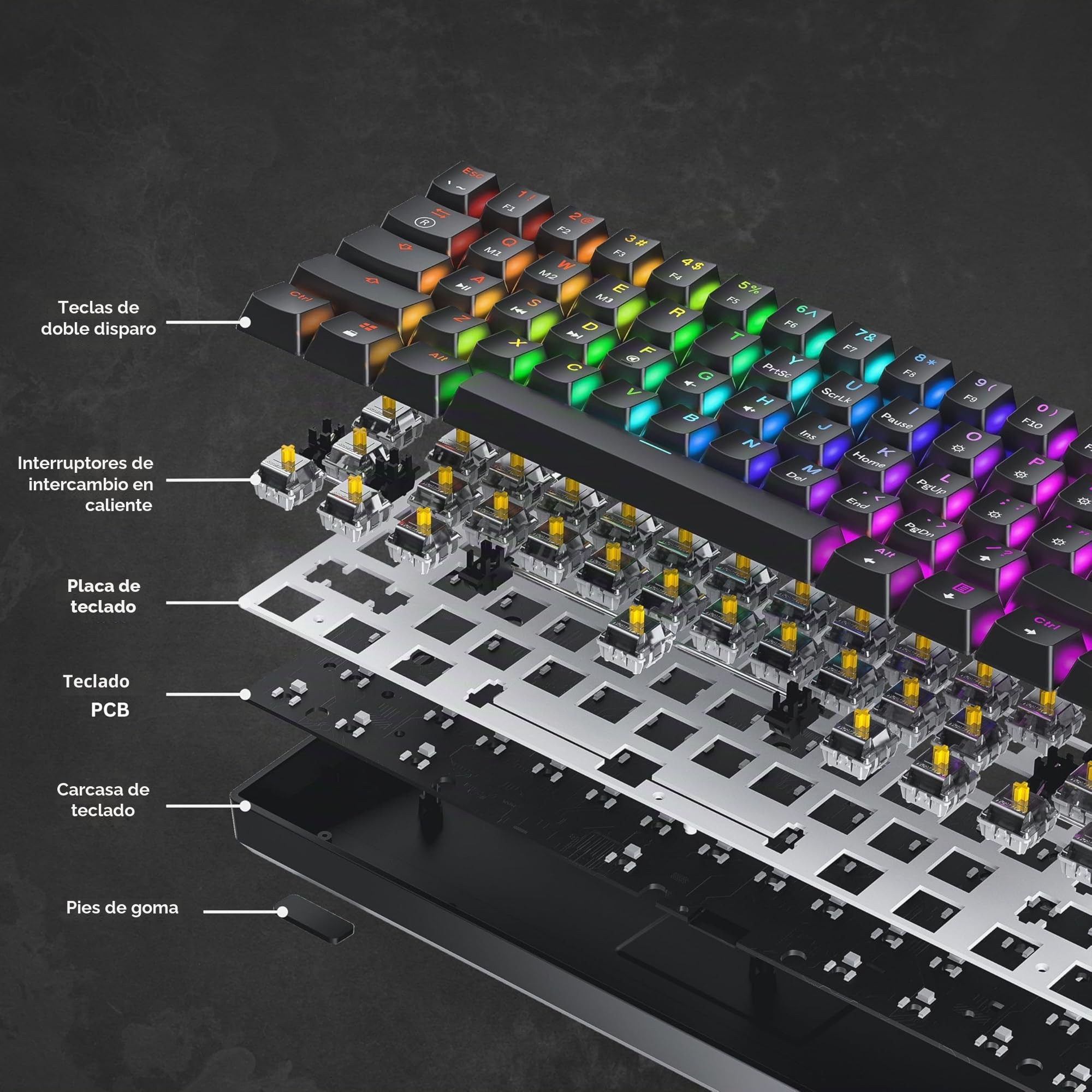 GK61s, Teclado mecánico para gaming, 61 teclas multicolor RGB, con retroiluminación LED, con cable, programable, para jugadores en PC y Mac