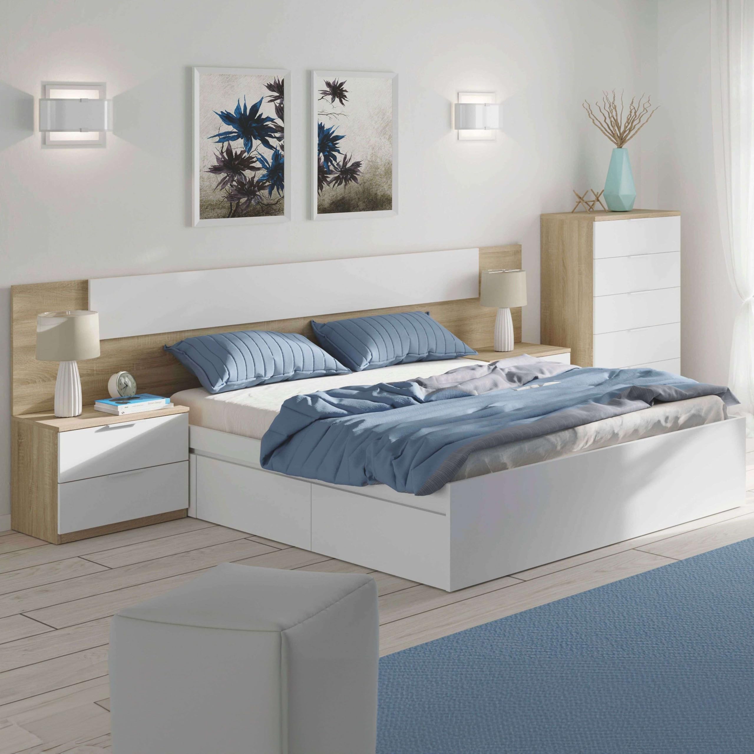 Habitación Matrimonio Completa Color Roble Y Blanco Estilo Nórdico (Cama + Cabecero + 2 Mesitas + Cómoda)