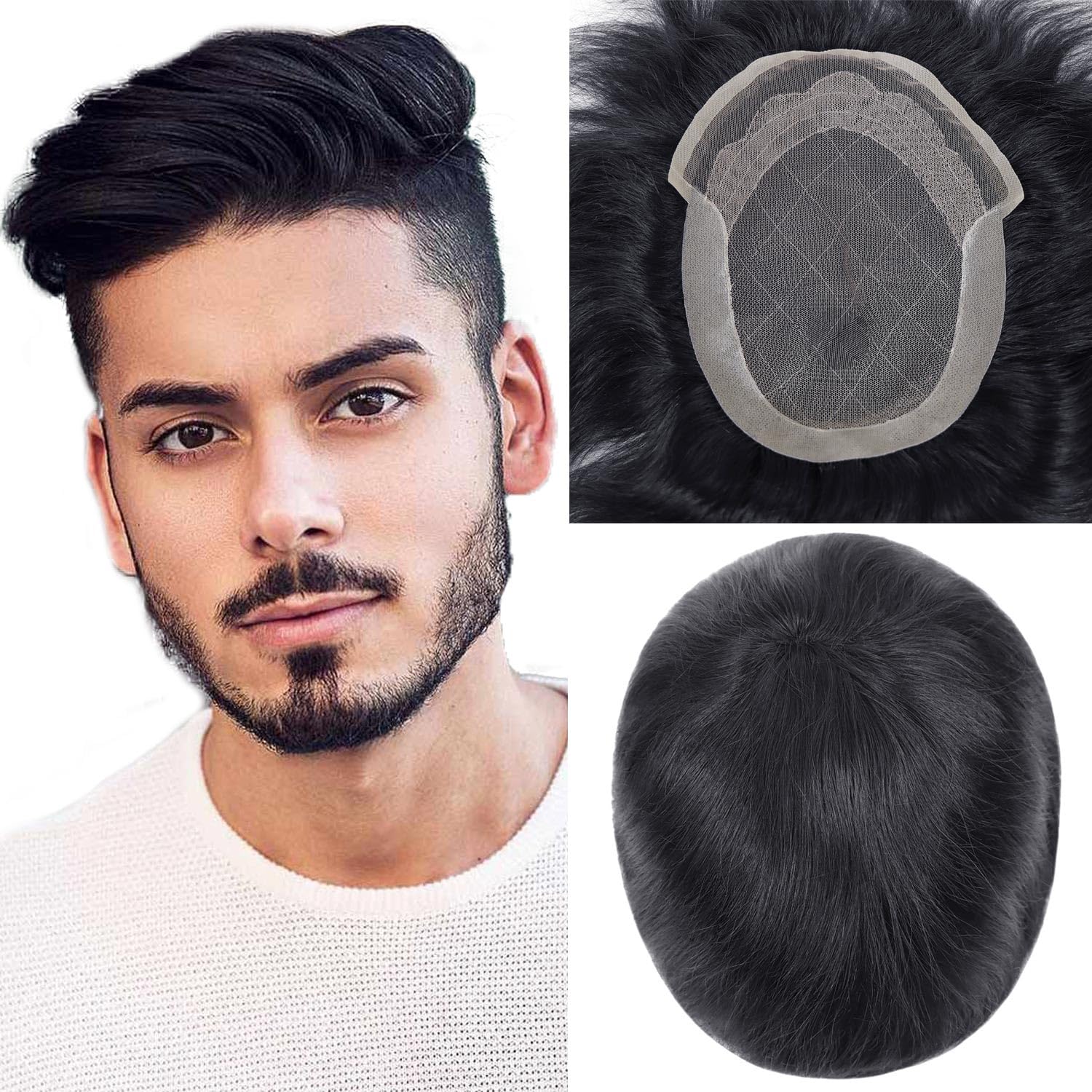 HAPPY&CC Human Hair Mens Toupee French Lace Toupee with Pu Hair Replacement Wigs Men Hair Piece System Real Human Hair Unit 8x10 Black Color